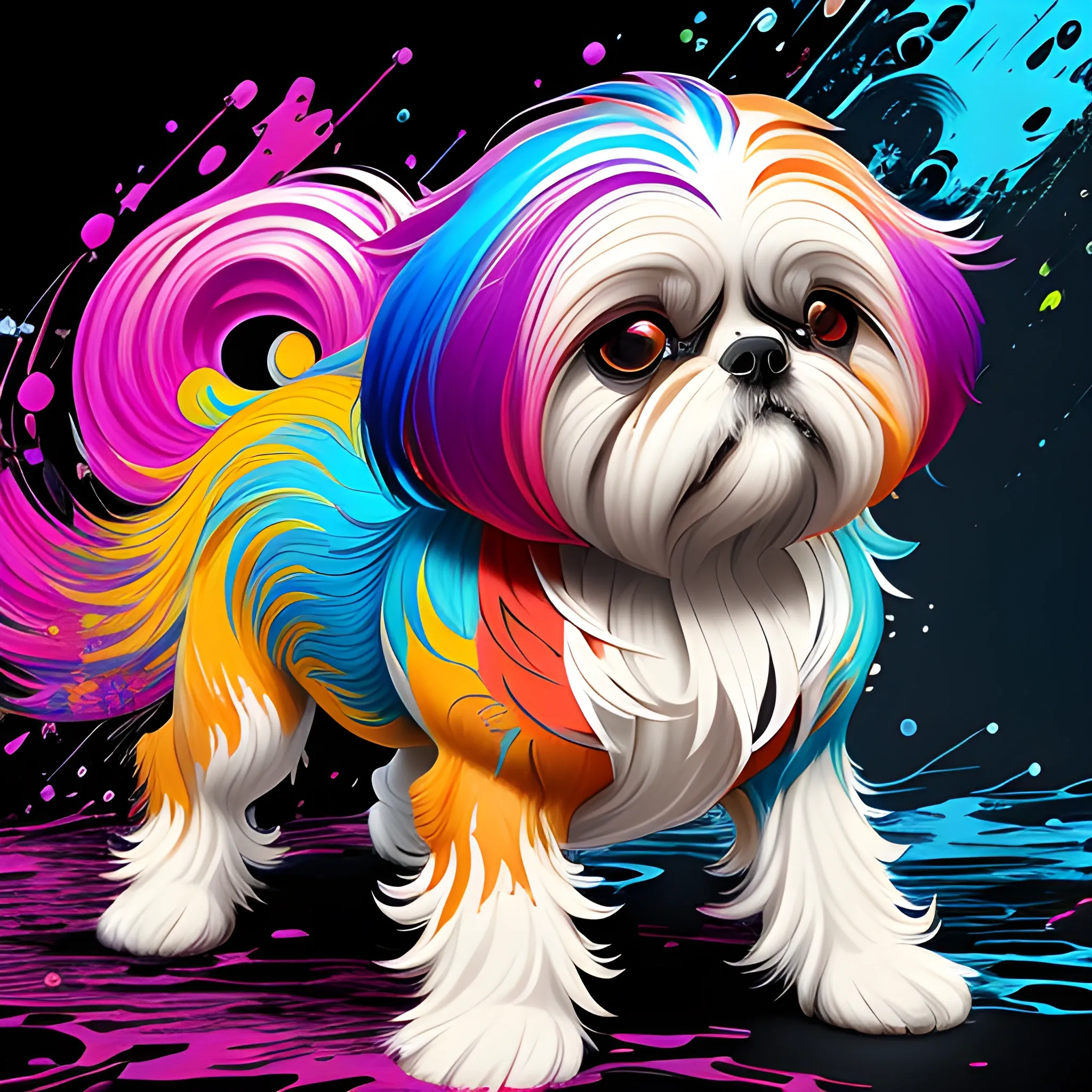 splash art, a colorful liquid shihtzu with long hair, splash style of colourful paint, hyperdetailed intricately detailed, fantastical, intricate detail, splash screen, complementary colours, fantasy, concept art, 8k resolution