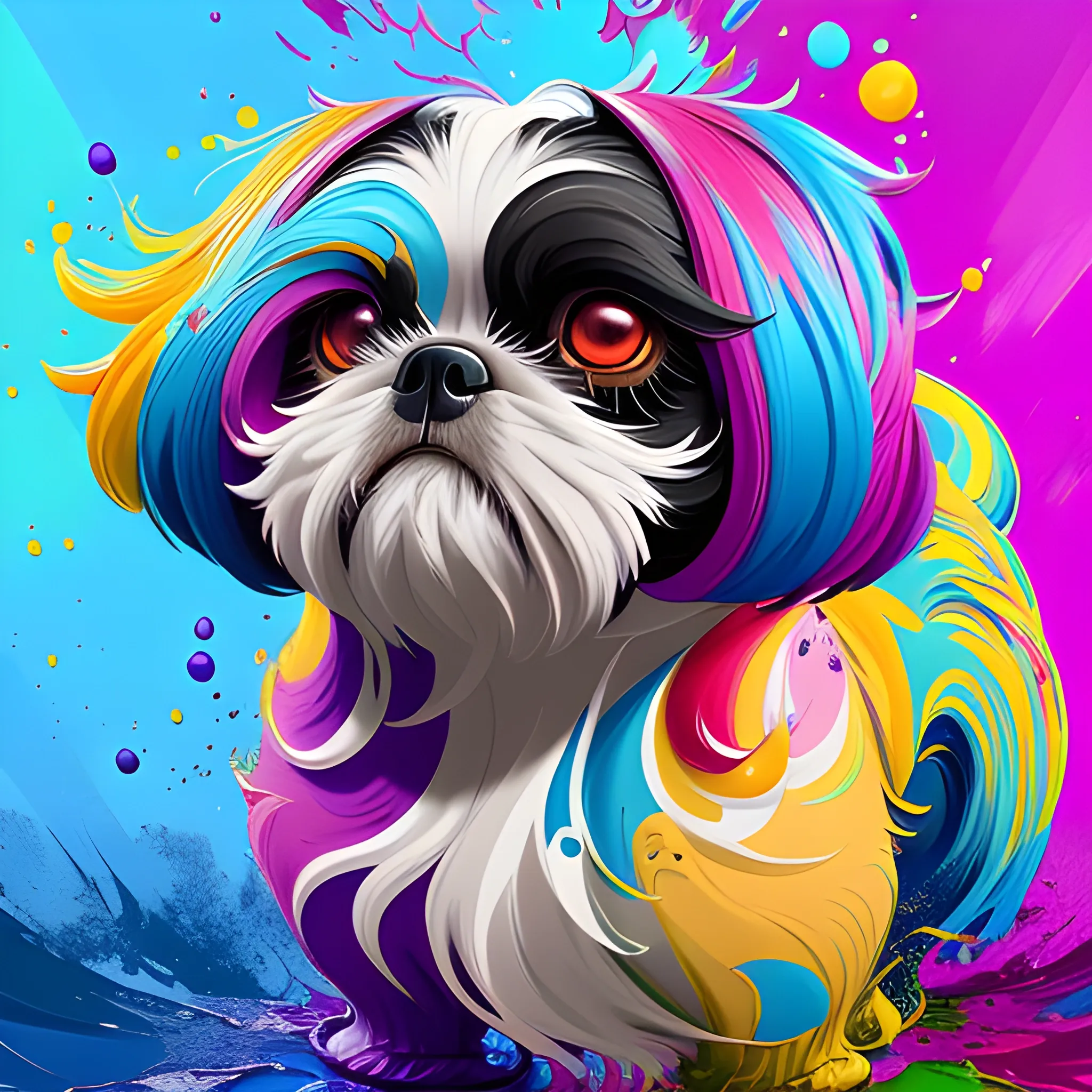 splash art, a colorful liquid shihtzu with long hair, splash style of colourful paint, hyperdetailed intricately detailed, fantastical, intricate detail, splash screen, complementary colours, fantasy, concept art, 8k resolution