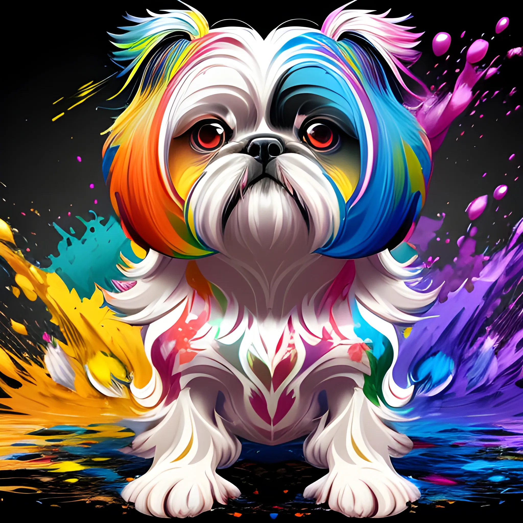 splash art, a colorful liquid shihtzu with long hair, splash style of colourful paint, hyperdetailed intricately detailed, fantastical, intricate detail, splash screen, complementary colours, fantasy, concept art, 8k resolution