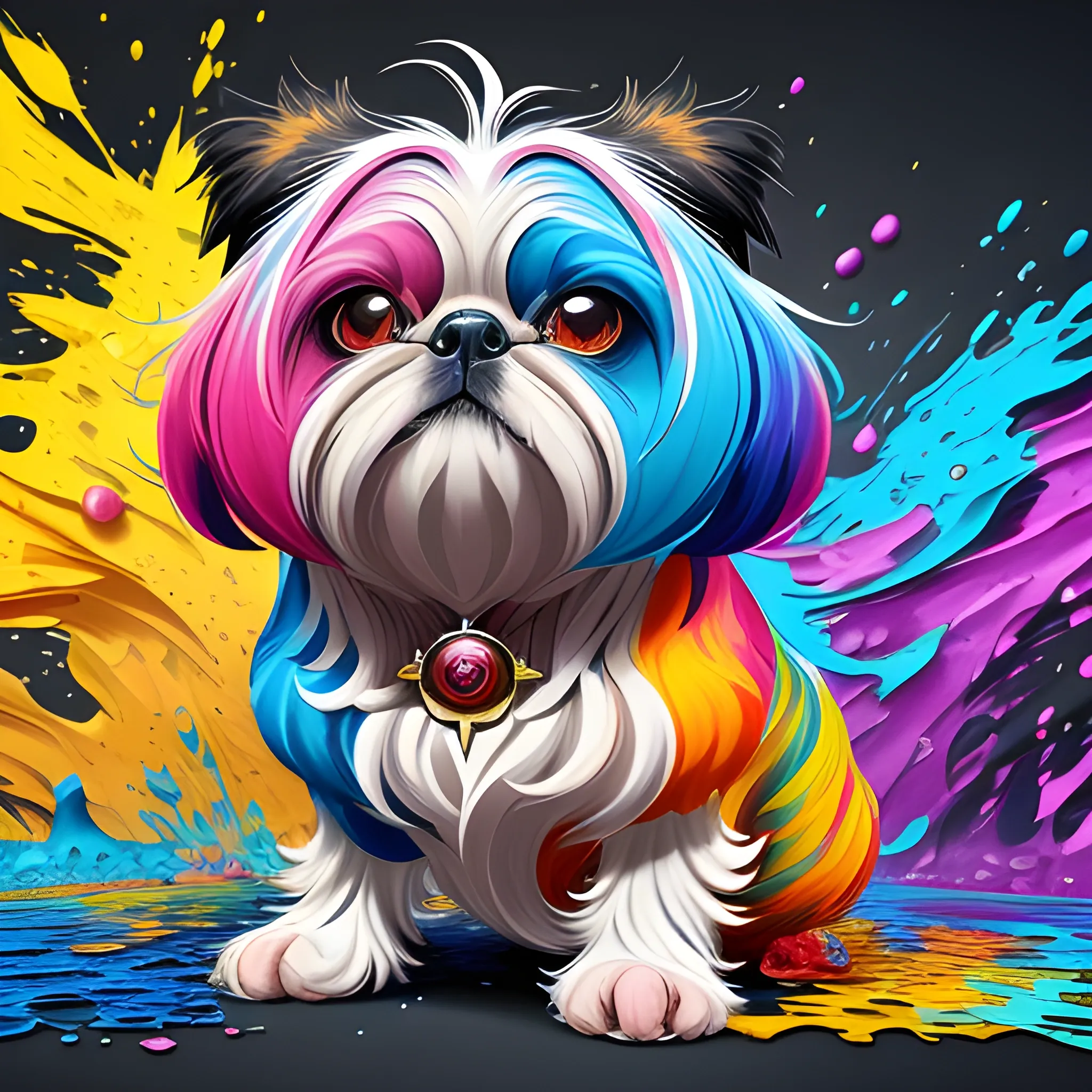 splash art, a colorful liquid shihtzu with long hair, splash style of colourful paint, hyperdetailed intricately detailed, fantastical, intricate detail, splash screen, complementary colours, fantasy, concept art, 8k resolution