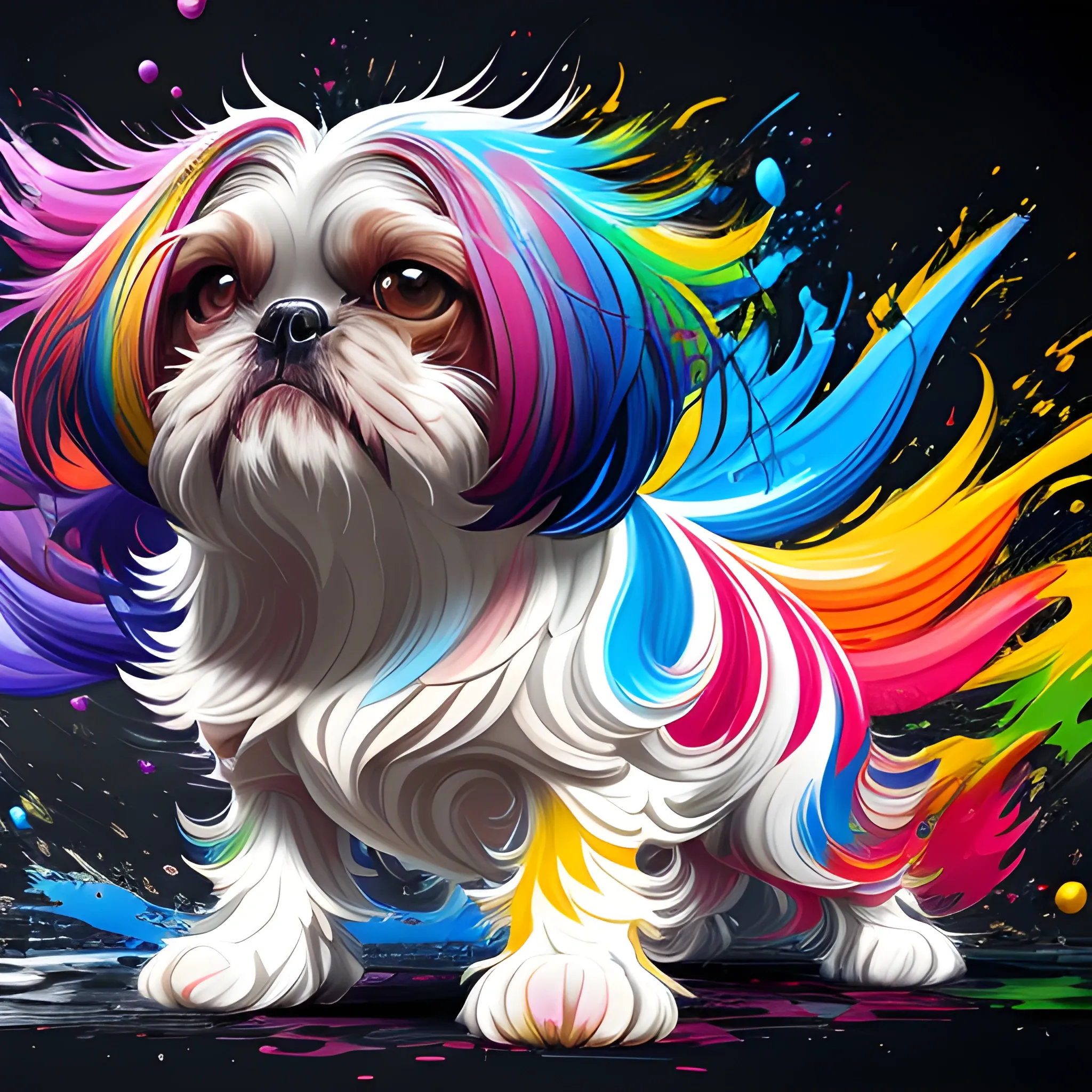 splash art, a colorful liquid shihtzu with long hair, splash style of colourful paint, hyperdetailed intricately detailed, fantastical, intricate detail, splash screen, complementary colours, fantasy, concept art, 8k resolution