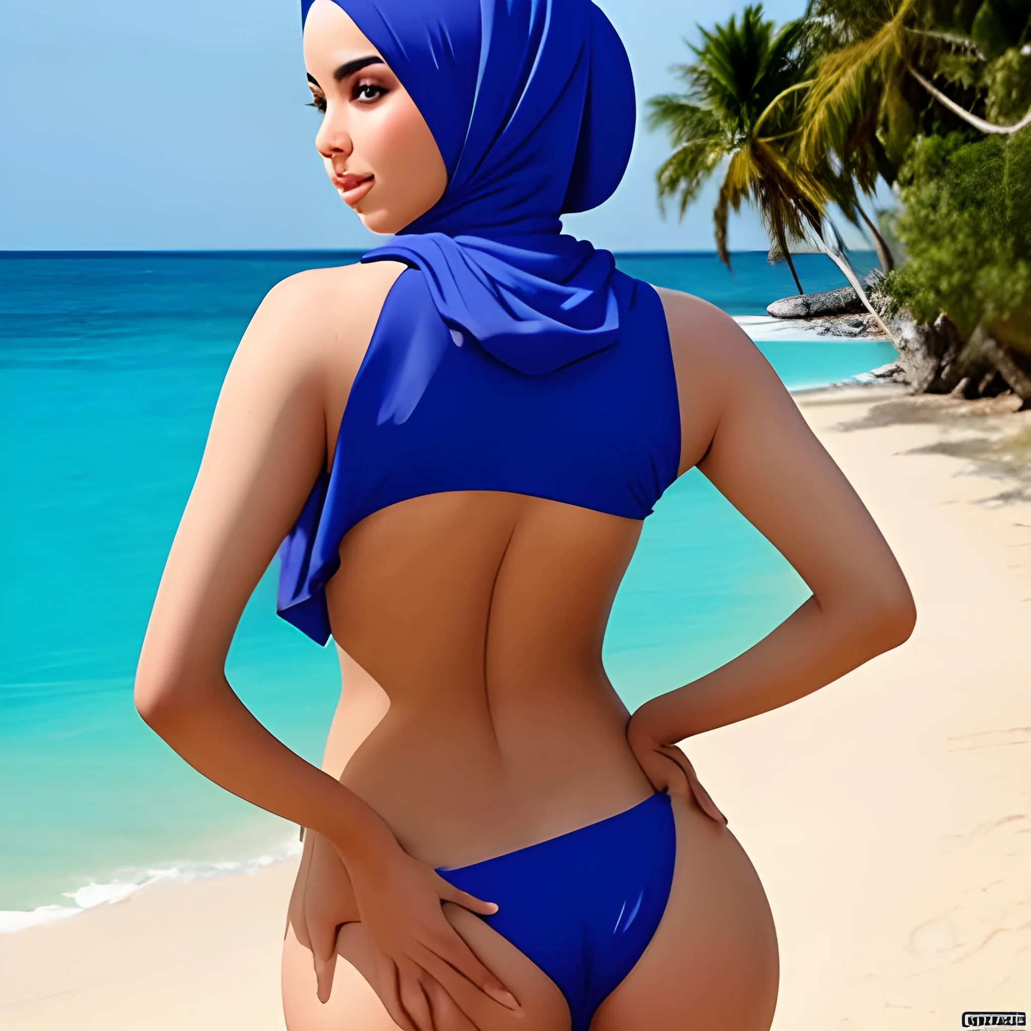 sexy hijab babe in bikini showing back bent pose