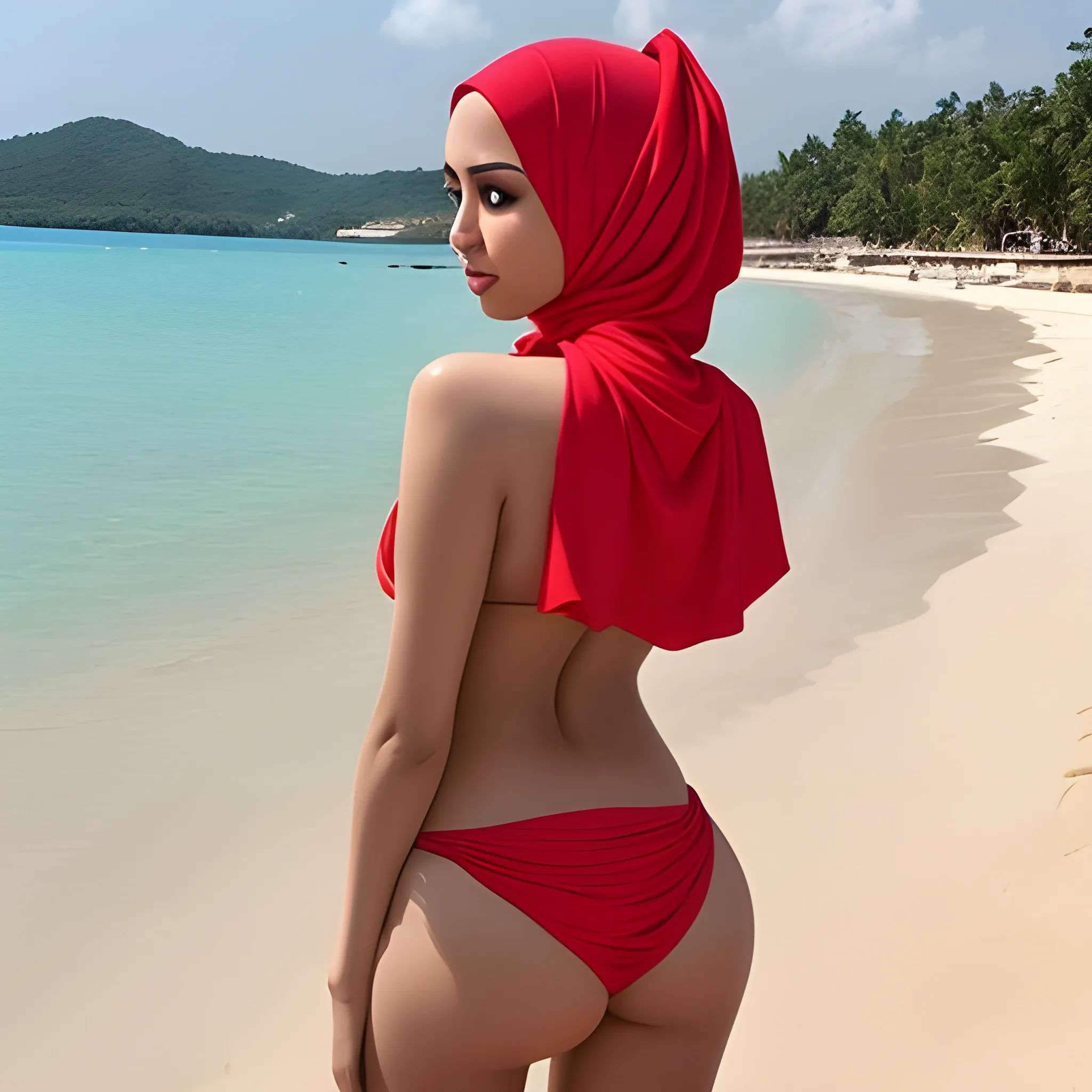 sexy hijab babe in bikini showing back bent with face showing