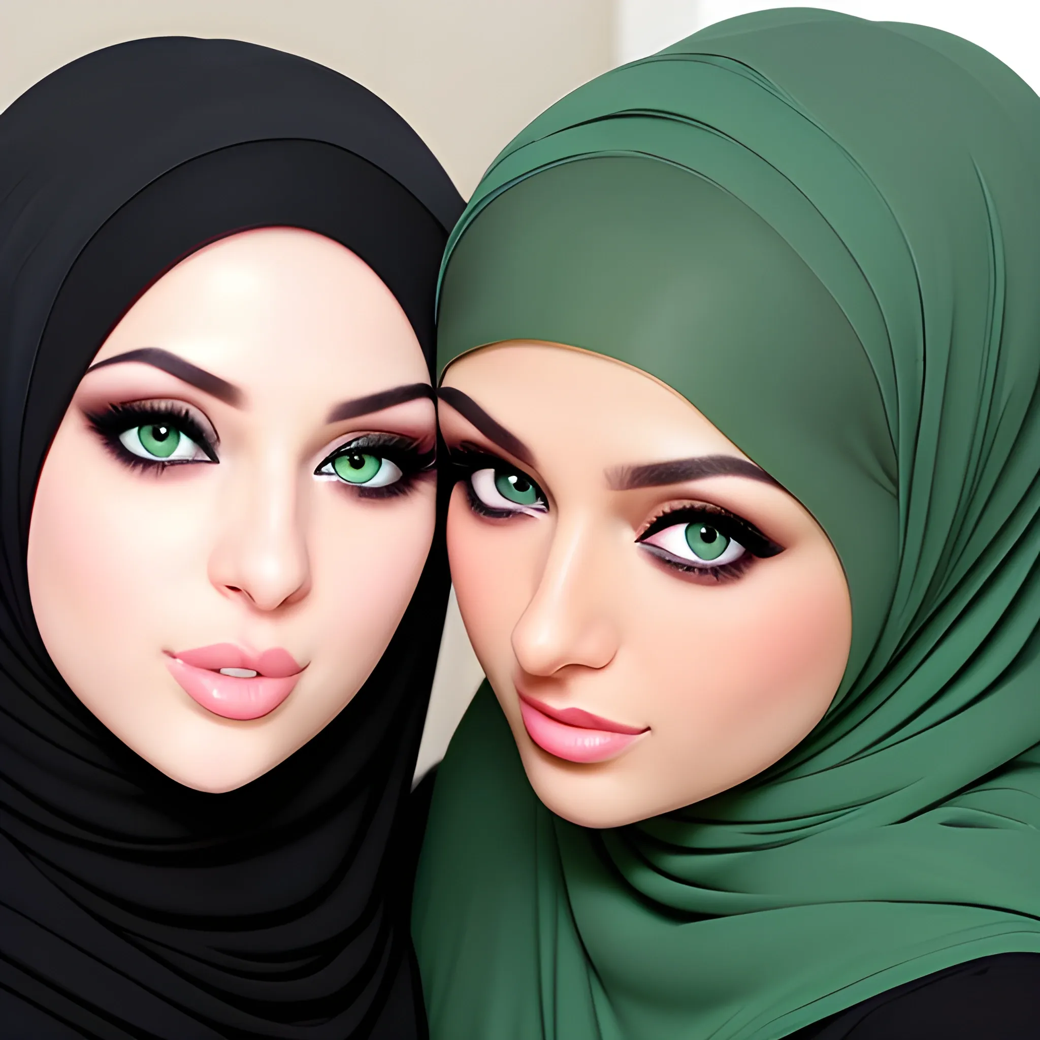 Two Sexy Hijab Babes Model Face Green Eyes Kissing Arthubai 