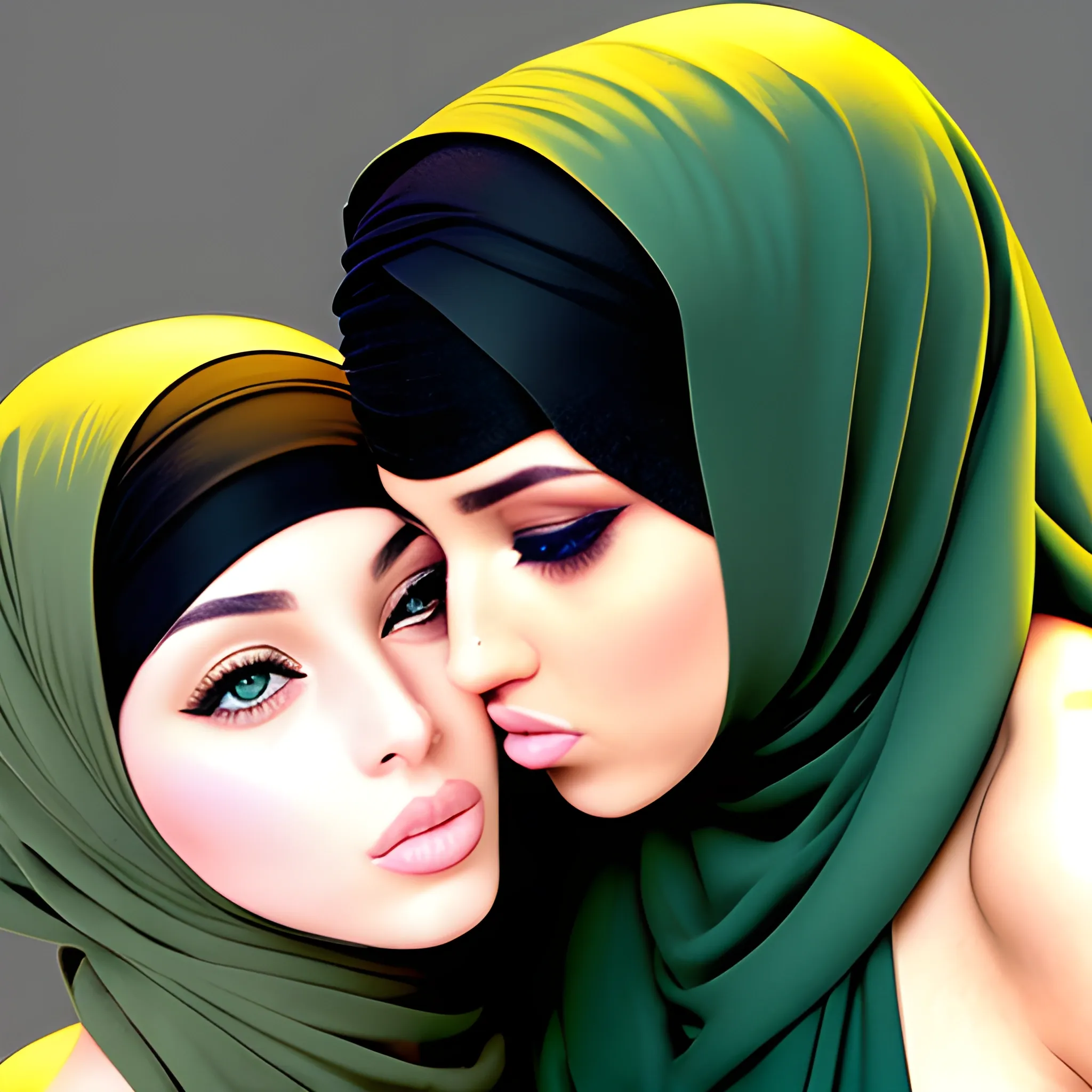 Two Sexy Hijab Babes Model Face Green Eyes Kissing Eachother Arthub Ai