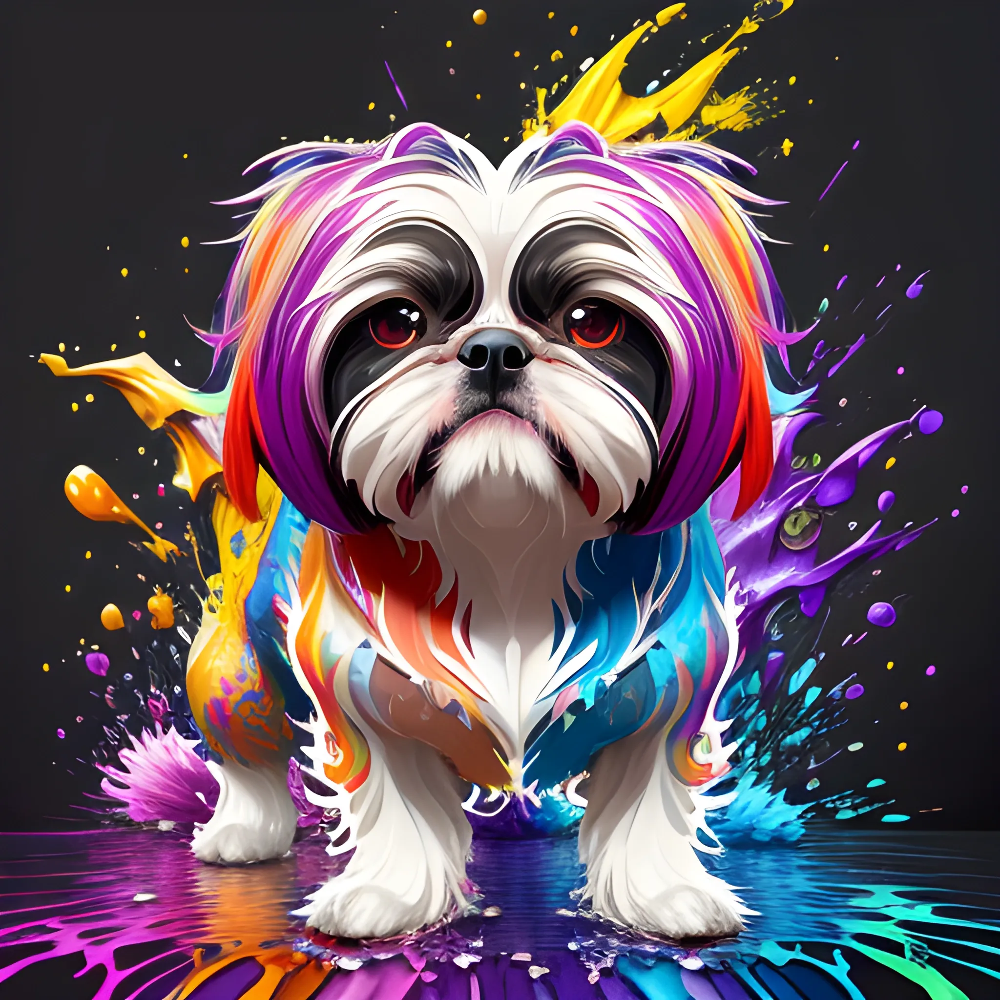 splash art, a colorful liquid shihtzu with long hair, splash style of colourful paint, hyperdetailed intricately detailed, fantastical, intricate detail, splash screen, complementary colours, fantasy, concept art, 8k resolution