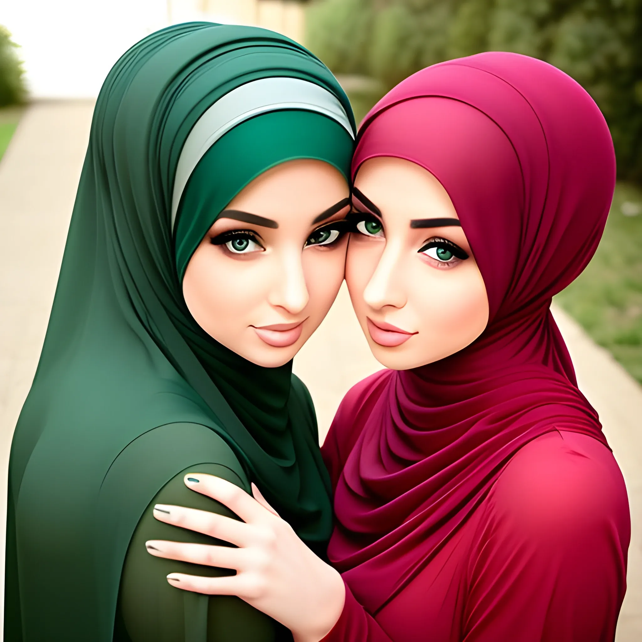 two sexy hijab babes model face green eyes kissing eachother ful... -  Arthub.ai