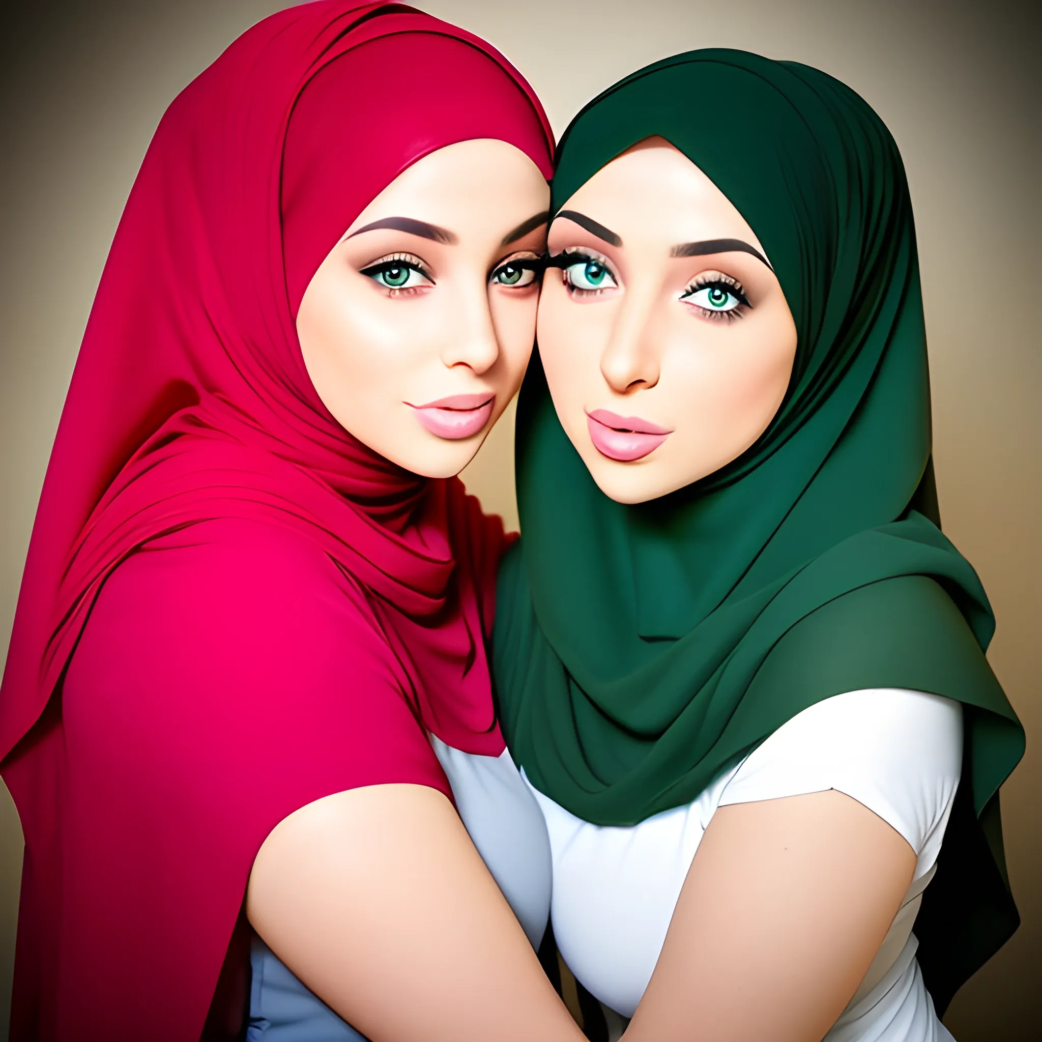 two sexy hijab babes model face green eyes kissing eachother full body thick