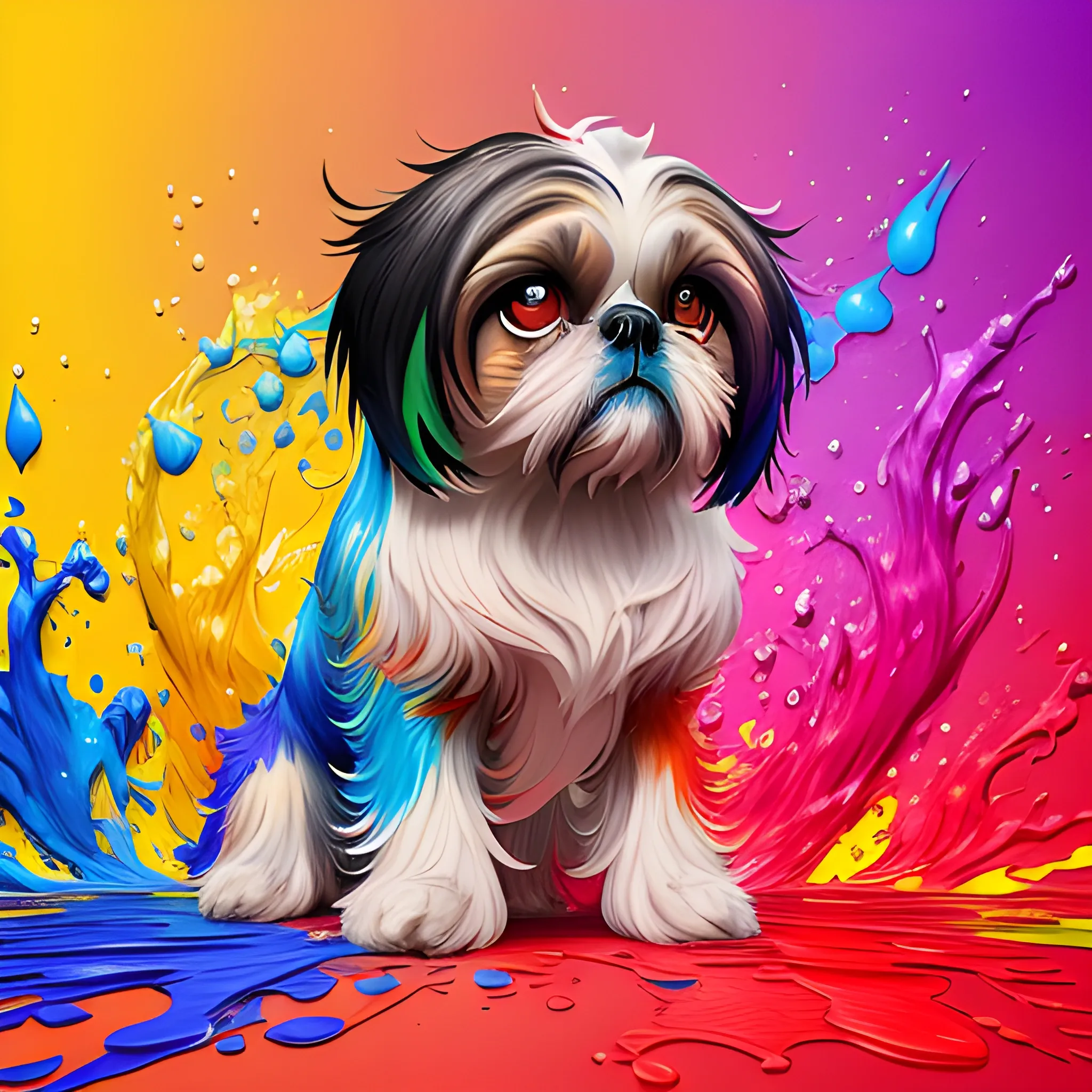 splash art, a colorful liquid shihtzu with long hair, splash style of colourful paint, hyperdetailed intricately detailed, fantastical, intricate detail, splash screen, complementary colours, fantasy, concept art, 8k resolution