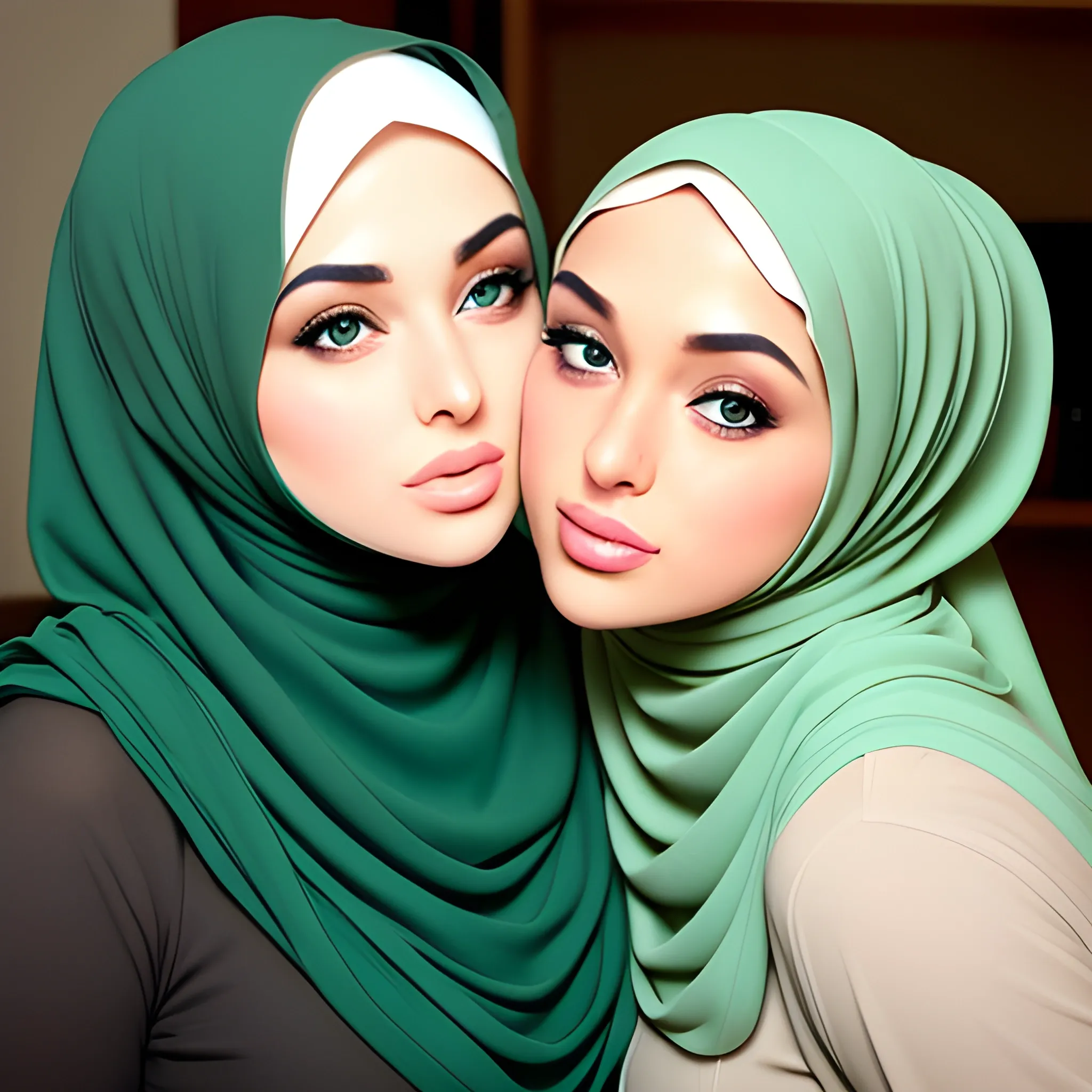 two sexy hijab babes model face green eyes kissing eachother full body thick