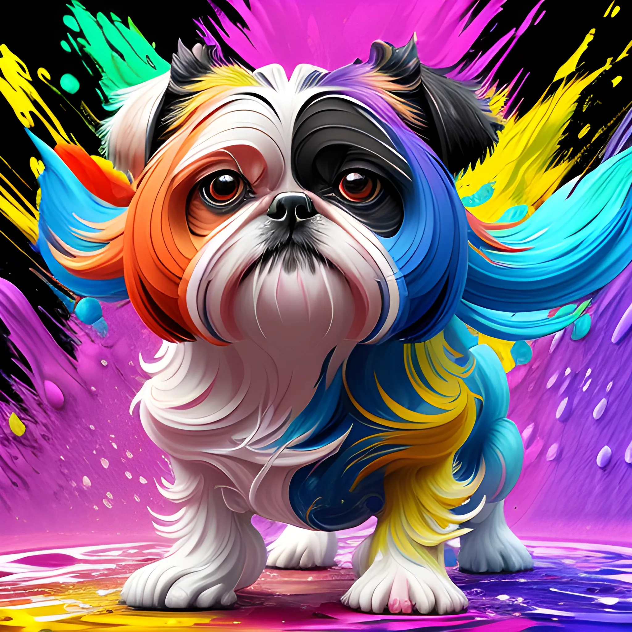 splash art, a colorful liquid shihtzu with long hair, splash style of colourful paint, hyperdetailed intricately detailed, fantastical, intricate detail, splash screen, complementary colours, fantasy, concept art, 8k resolution