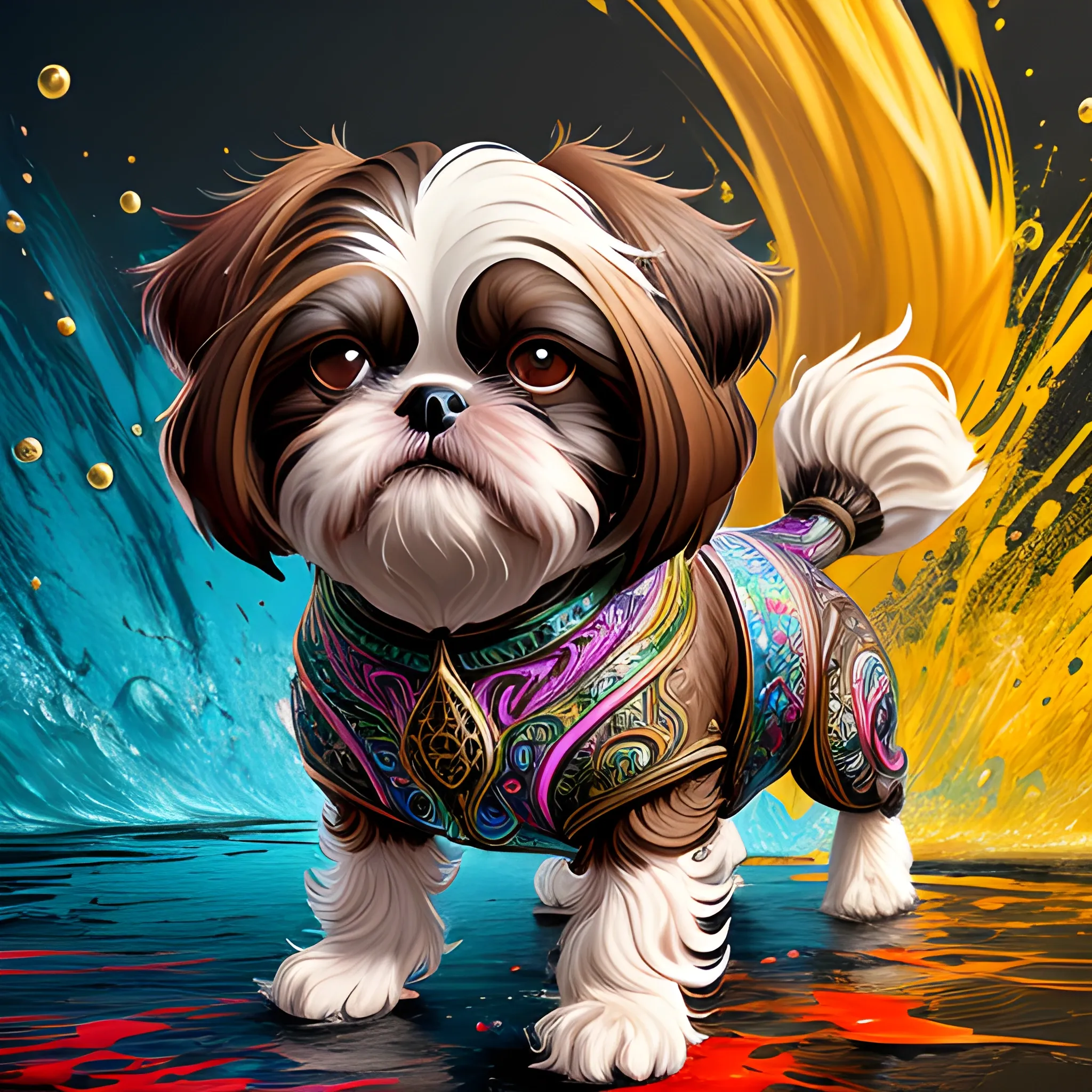 splash art, a brown liquid shihtzu with long hair, splash style of colourful paint, hyperdetailed intricately detailed, fantastical, intricate detail, splash screen, complementary colours, fantasy, concept art, 8k resolution