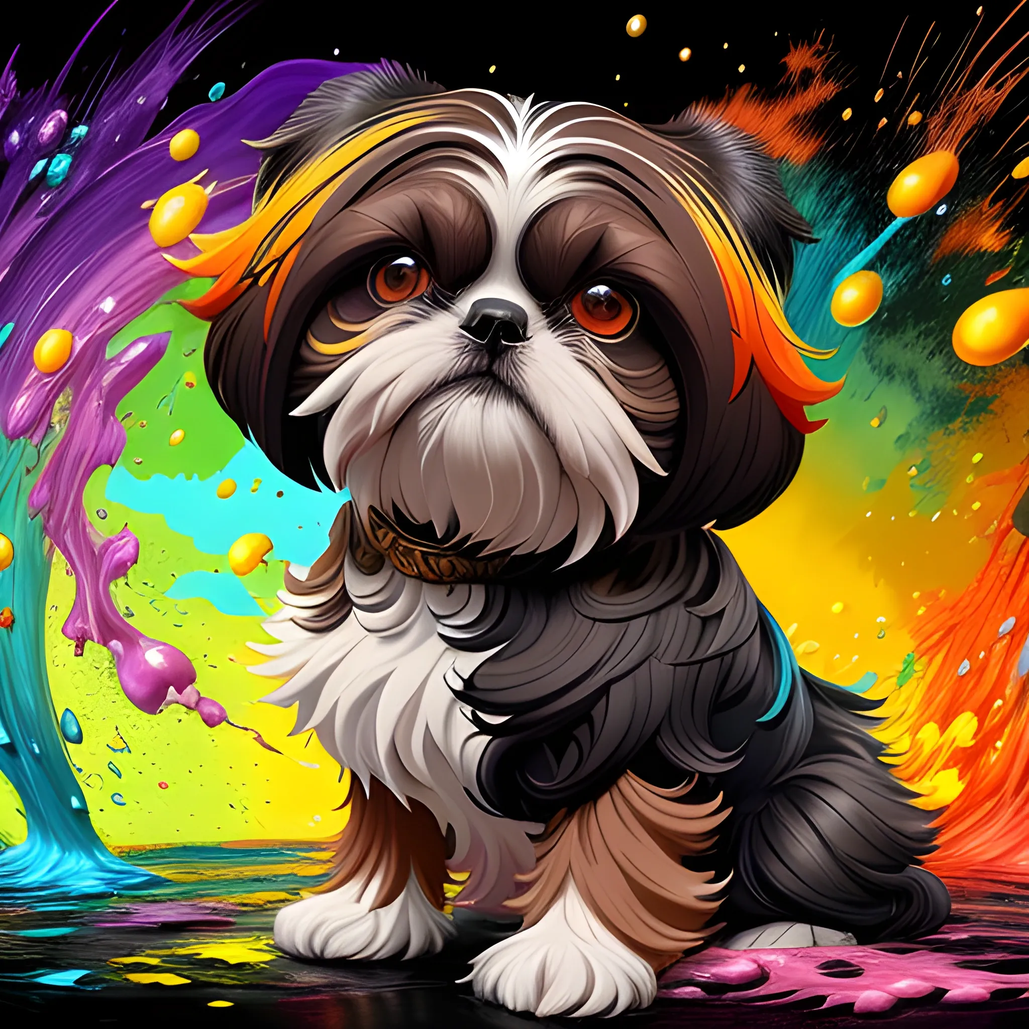 splash art, a black and brown liquid shihtzu with long hair, splash style of colourful paint, hyperdetailed intricately detailed, fantastical, intricate detail, splash screen, complementary colours, fantasy, concept art, 8k resolution