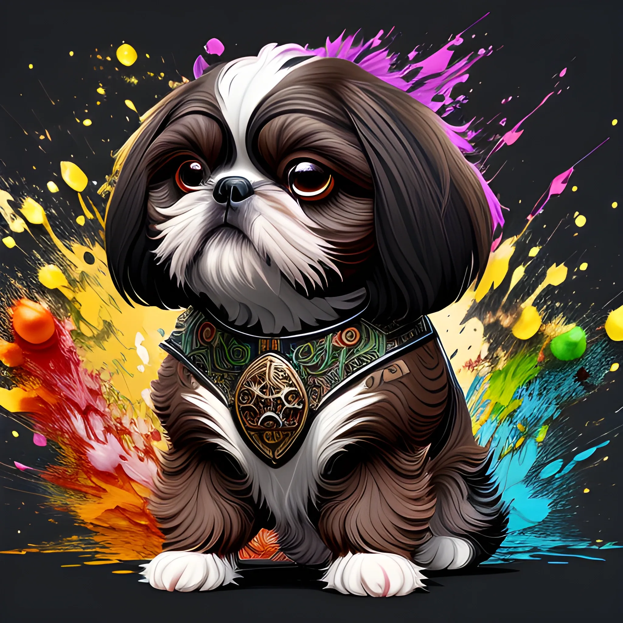 splash art, a black and brown liquid shihtzu with long hair, splash style of colourful paint, hyperdetailed intricately detailed, fantastical, intricate detail, splash screen, complementary colours, fantasy, concept art, 8k resolution