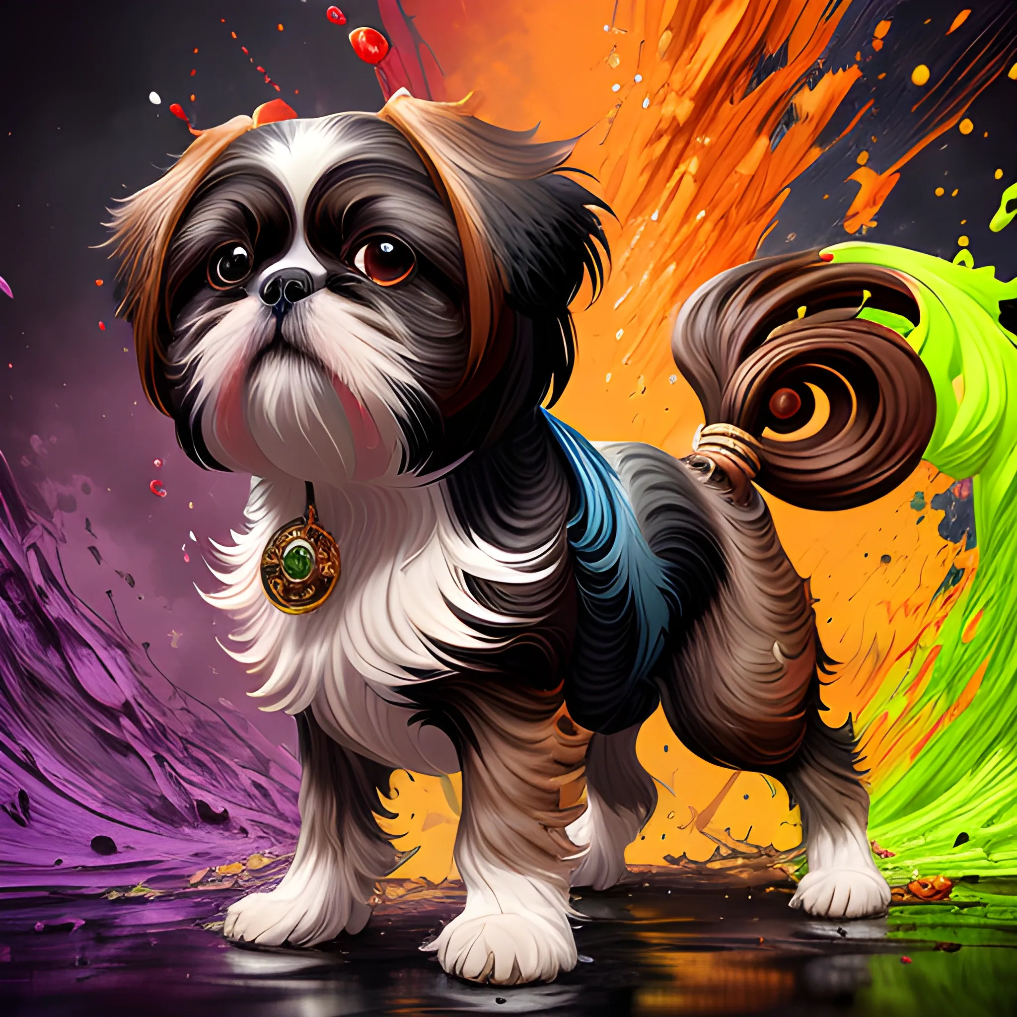 splash art, a black and brown liquid shihtzu with long hair, splash style of colourful paint, hyperdetailed intricately detailed, fantastical, intricate detail, splash screen, complementary colours, fantasy, concept art, 8k resolution