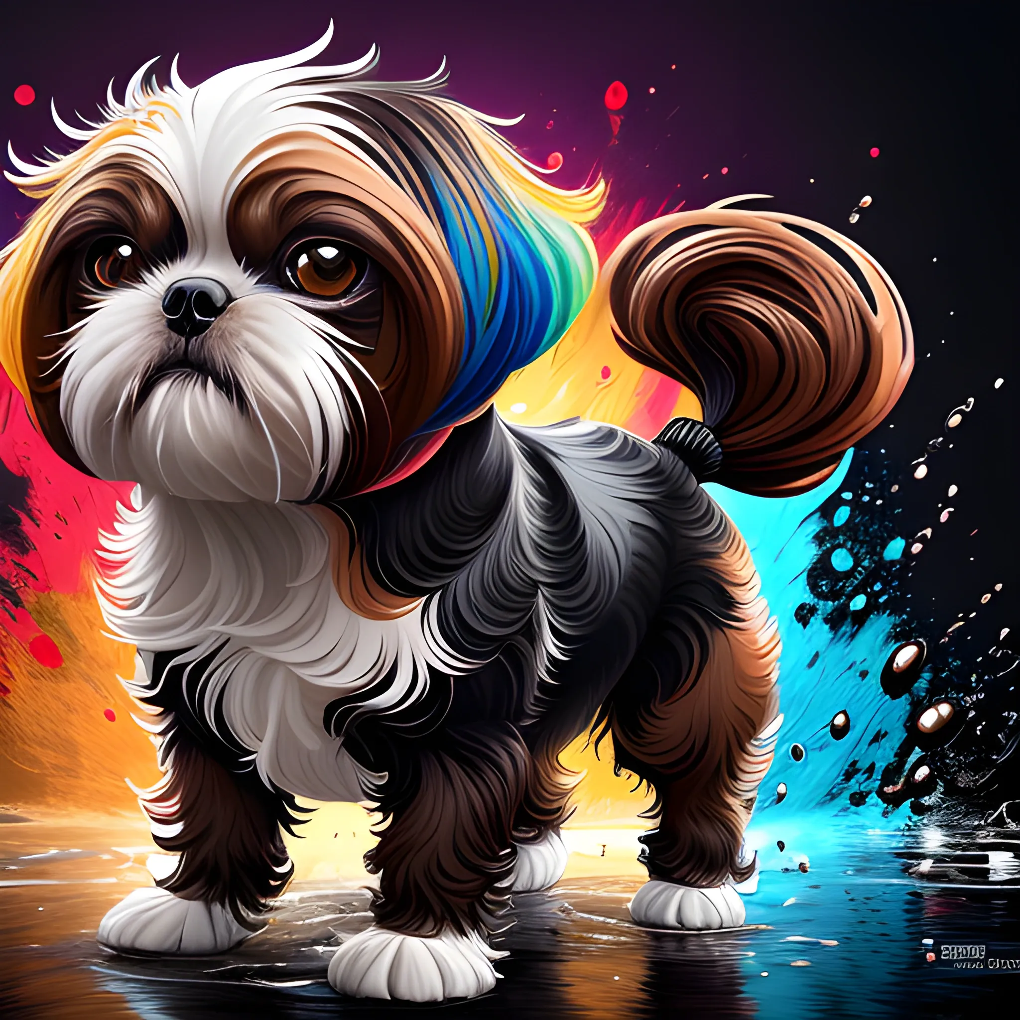 splash art, a black and brown liquid shihtzu with long hair, splash style of colourful paint, hyperdetailed intricately detailed, fantastical, intricate detail, splash screen, complementary colours, fantasy, concept art, 8k resolution