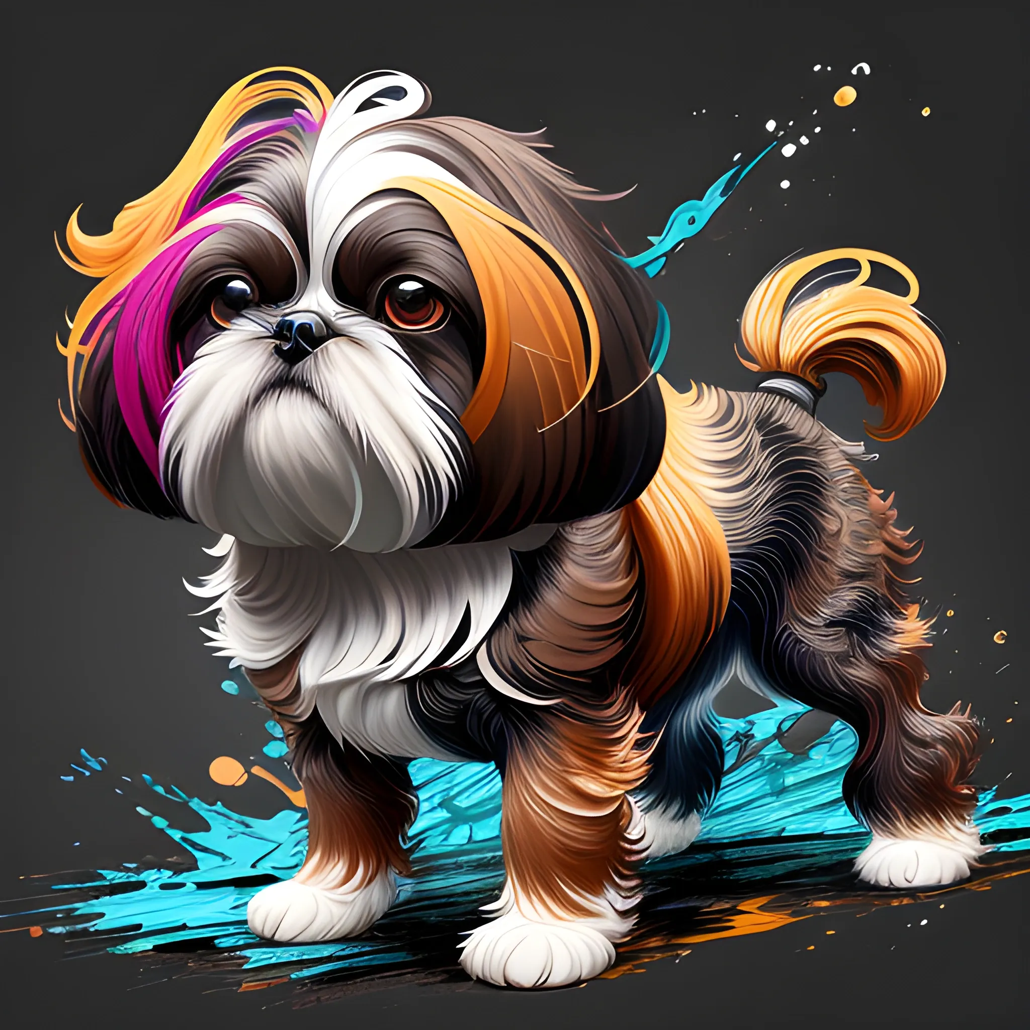 splash art, a black and brown liquid shihtzu with long hair, splash style of colourful paint, hyperdetailed intricately detailed, fantastical, intricate detail, splash screen, complementary colours, fantasy, concept art, 8k resolution