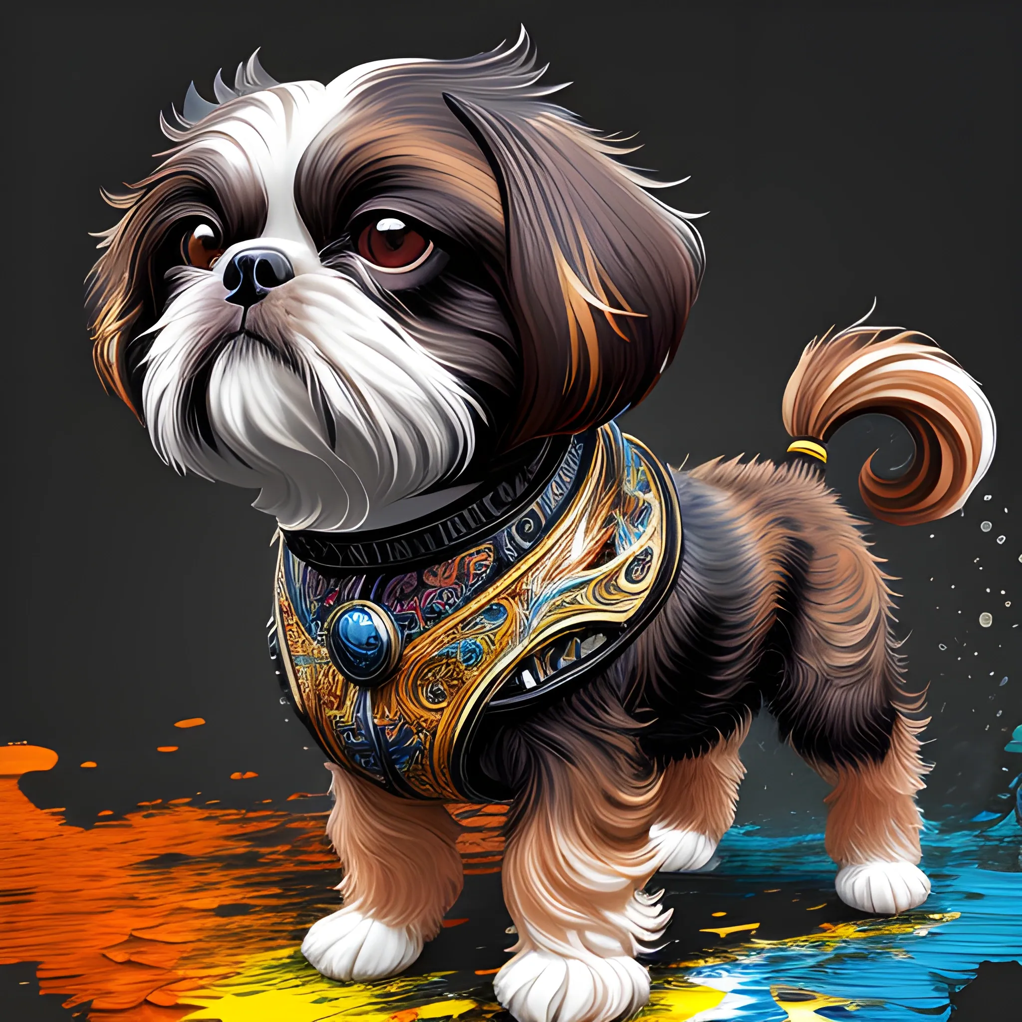 splash art, a black and brown liquid shihtzu with long hair, splash style of colourful paint, hyperdetailed intricately detailed, fantastical, intricate detail, splash screen, complementary colours, fantasy, concept art, 8k resolution