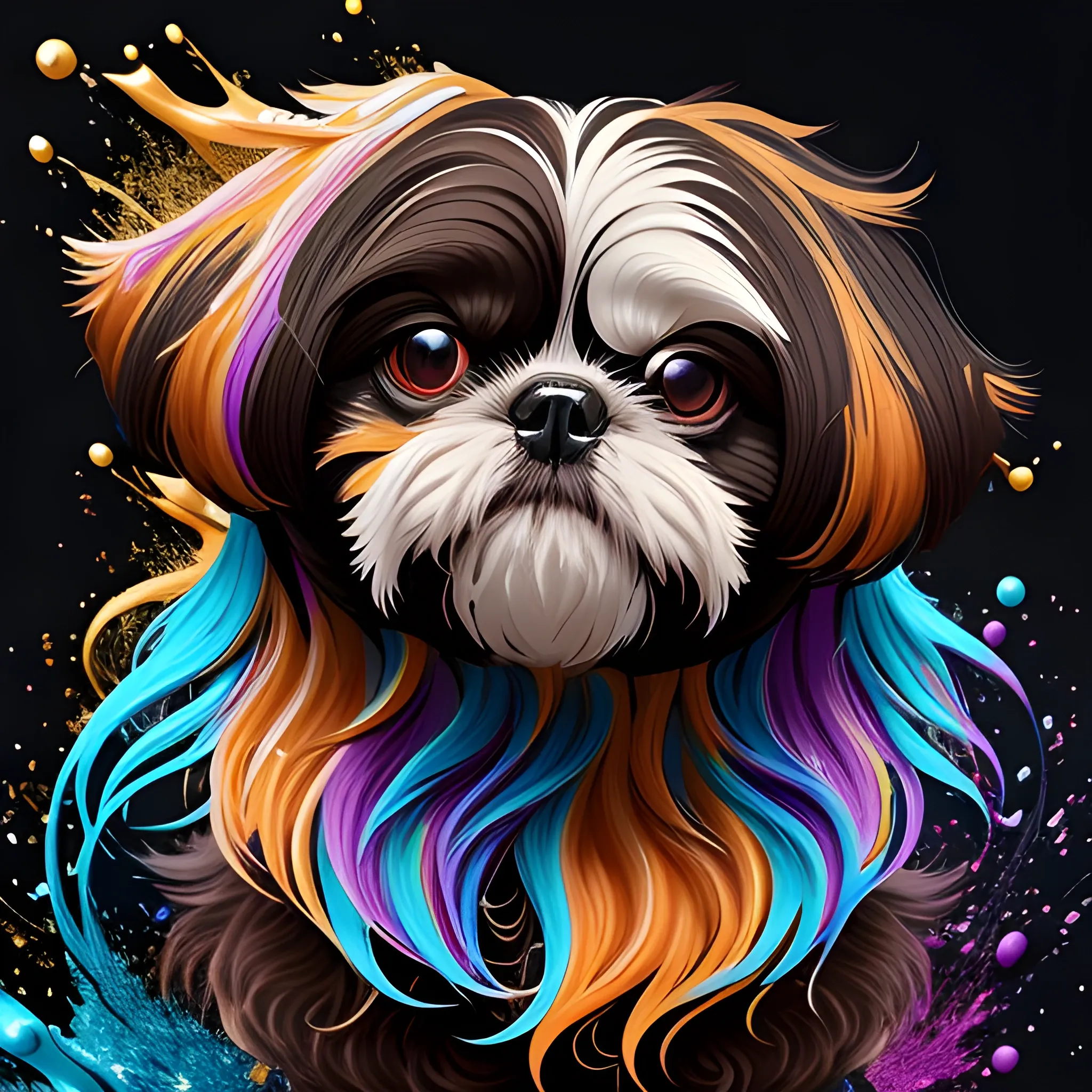 splash art, a black and brown liquid shihtzu with long hair, splash style of colourful paint, hyperdetailed intricately detailed, fantastical, intricate detail, splash screen, complementary colours, fantasy, concept art, 8k resolution