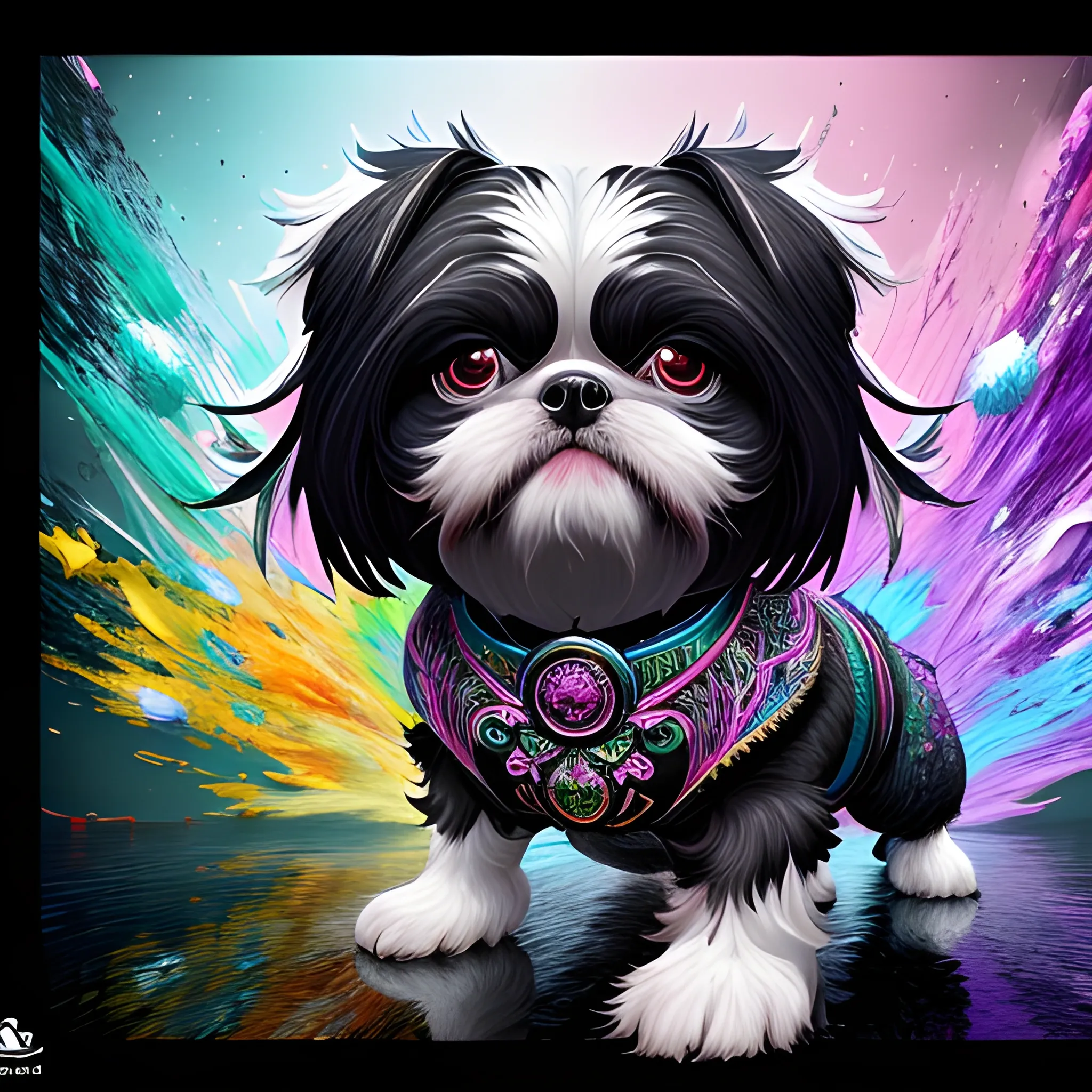 splash art, a black liquid shihtzu with long hair, splash style of colourful paint, hyperdetailed intricately detailed, fantastical, intricate detail, splash screen, complementary colours, fantasy, concept art, 8k resolution