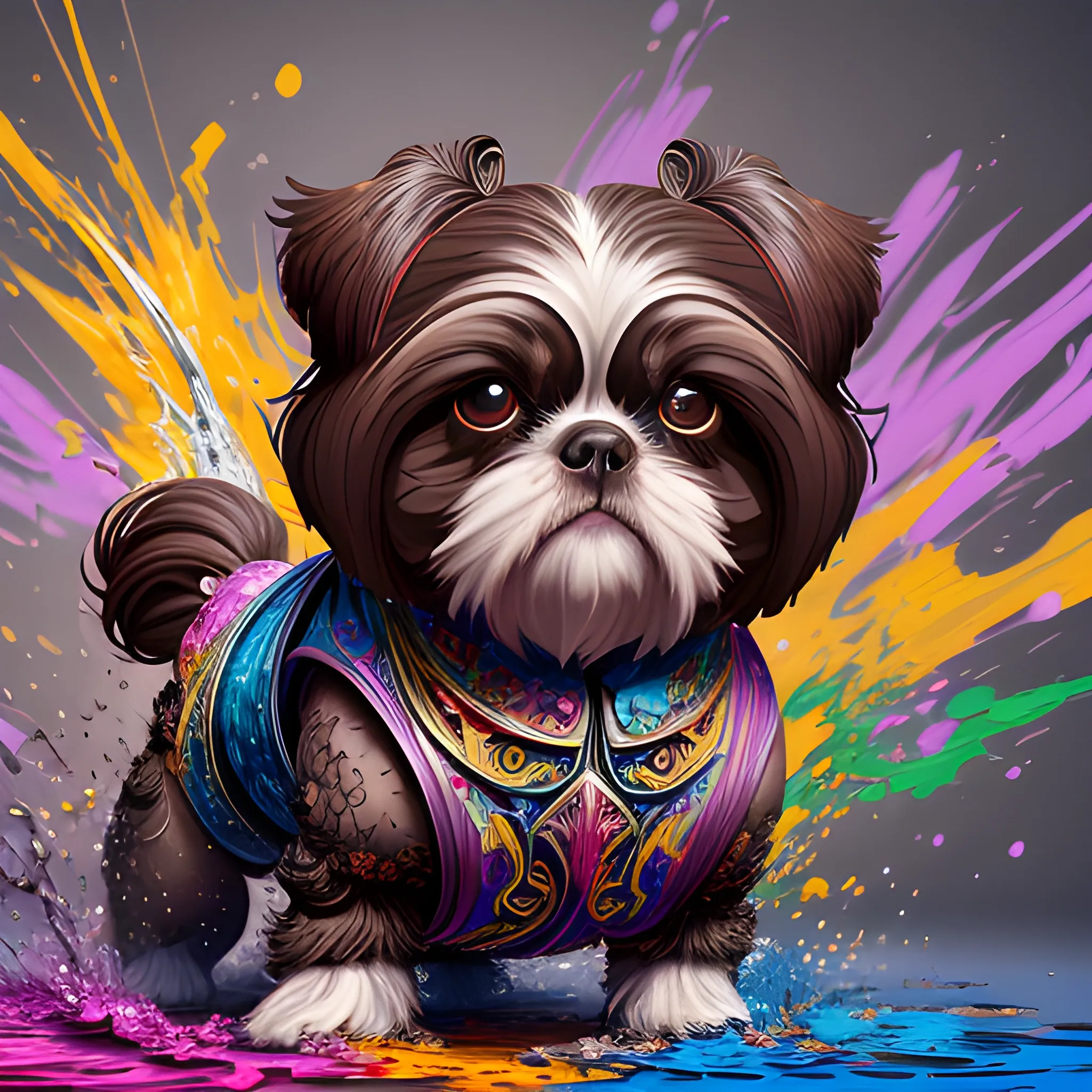 splash art, a dark brown liquid shihtzu with long hair, splash style of colourful paint, hyperdetailed intricately detailed, fantastical, intricate detail, splash screen, complementary colours, fantasy, concept art, 8k resolution