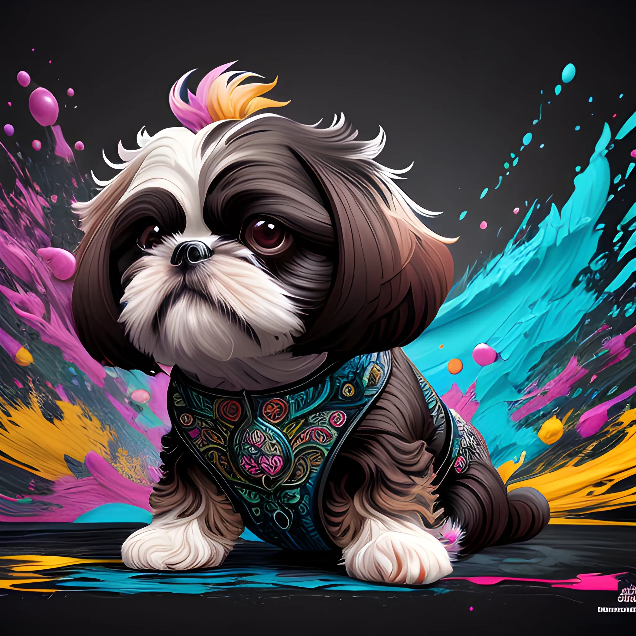 splash art, a black and dark brown liquid shihtzu with long hair, splash style of colourful paint, hyperdetailed intricately detailed, fantastical, intricate detail, splash screen, complementary colours, fantasy, concept art, 8k resolution