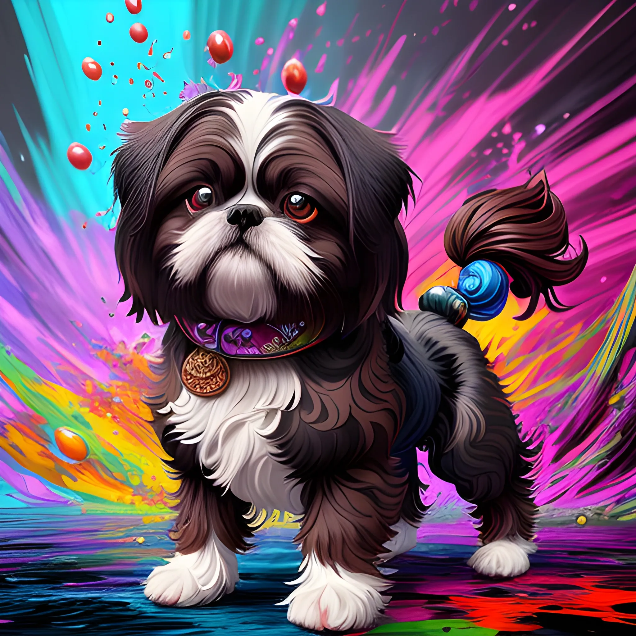 splash art, a black and dark brown liquid shihtzu with long hair, splash style of colourful paint, hyperdetailed intricately detailed, fantastical, intricate detail, splash screen, complementary colours, fantasy, concept art, 8k resolution