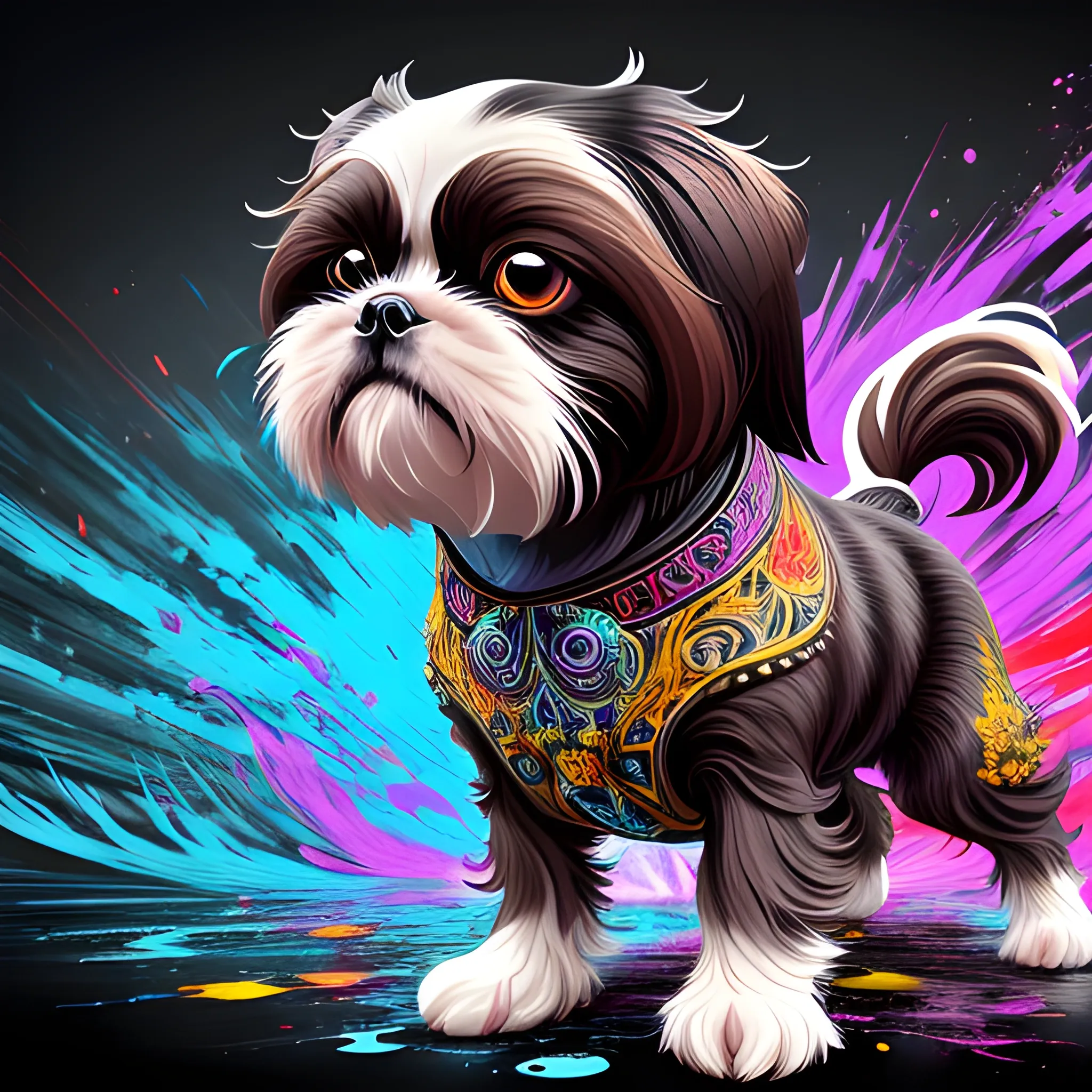 splash art, a black and dark brown liquid adult full body shihtzu with long hair, splash style of colourful paint, hyperdetailed intricately detailed, fantastical, intricate detail, splash screen, complementary colours, fantasy, concept art, 8k resolution