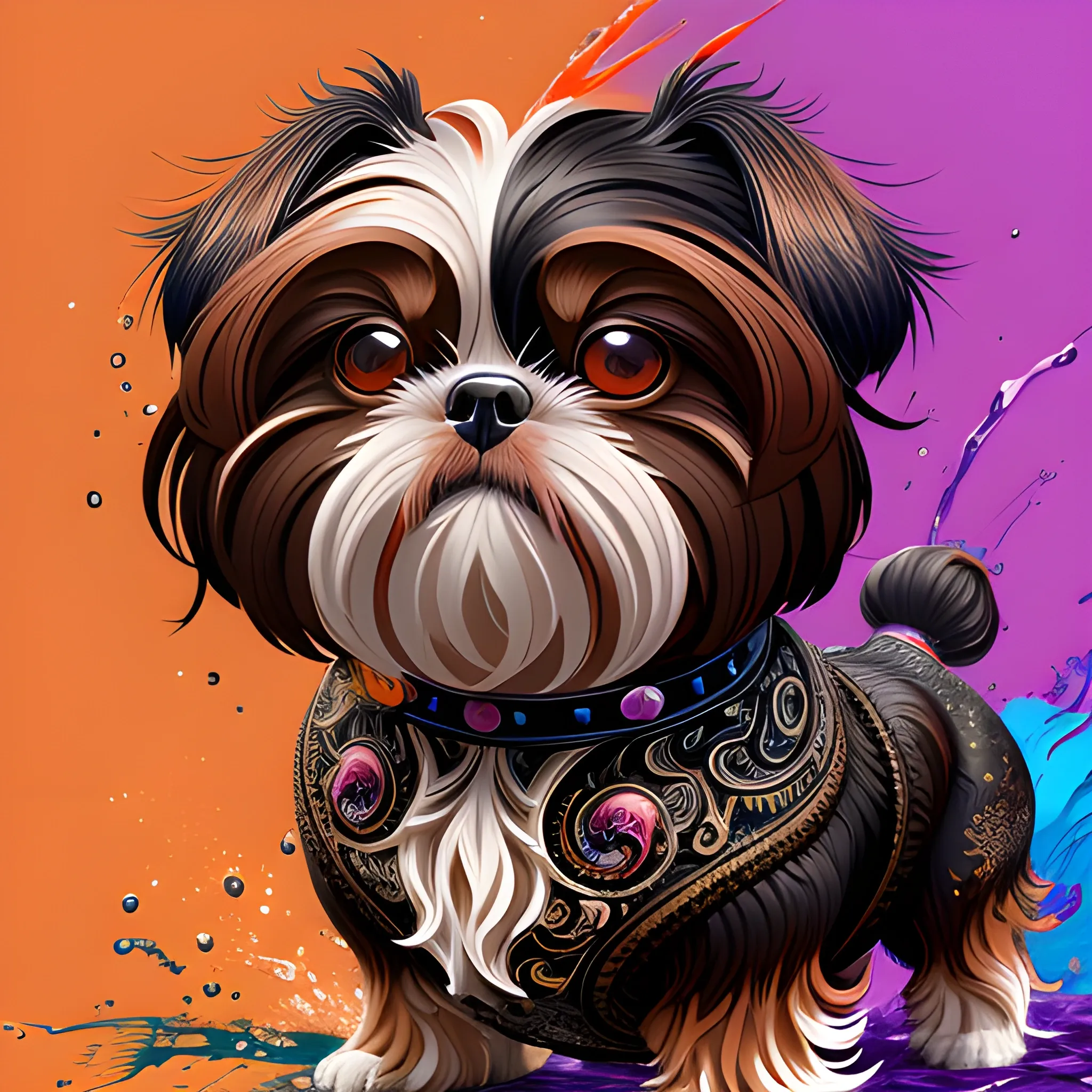 splash art, a black and brown liquid shihtzu with long hair, splash style of colourful paint, hyperdetailed intricately detailed, fantastical, intricate detail, splash screen, complementary colours, fantasy, concept art, 8k resolution