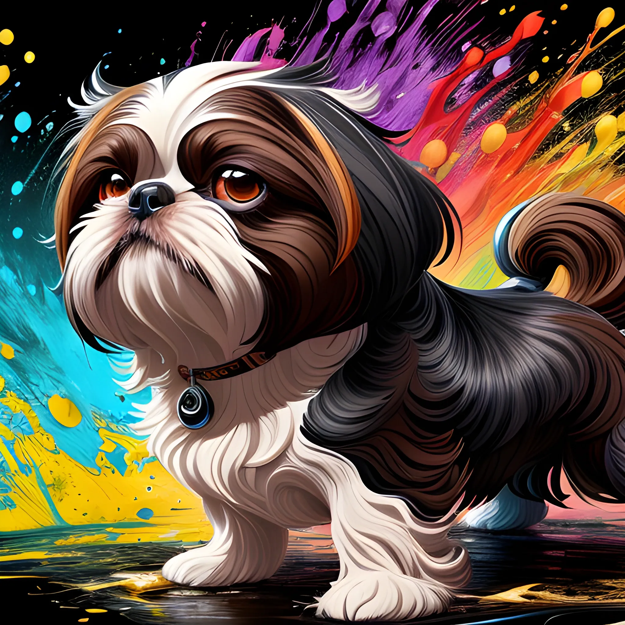 splash art, a black and brown liquid shihtzu with long hair, splash style of colourful paint, hyperdetailed intricately detailed, fantastical, intricate detail, splash screen, complementary colours, fantasy, concept art, 8k resolution