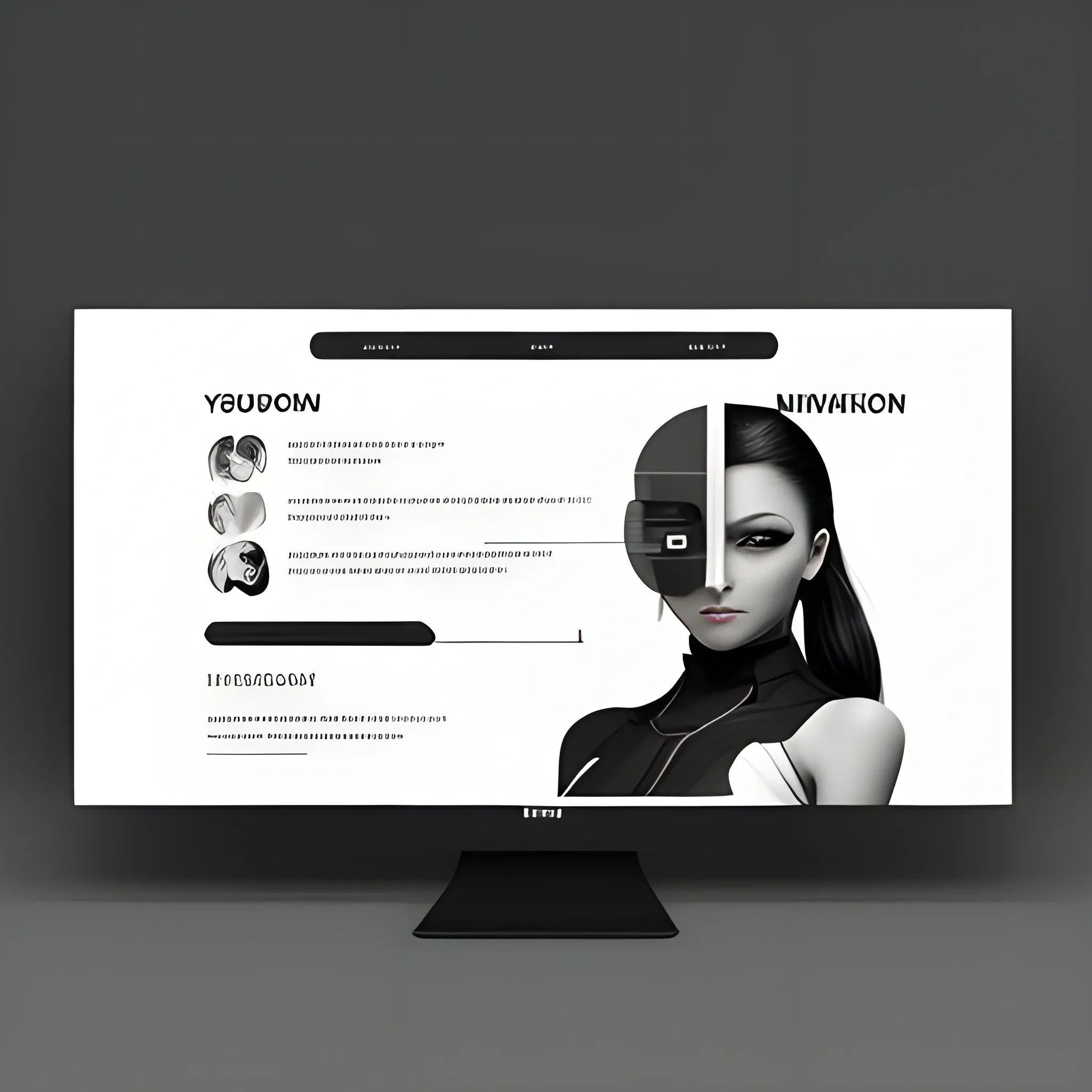 UX/UI pc version design, high resolution,navigation bar, styles: minimalistic, futuristic and japanesse, high resolution, colors: Skin colors, black and white.

