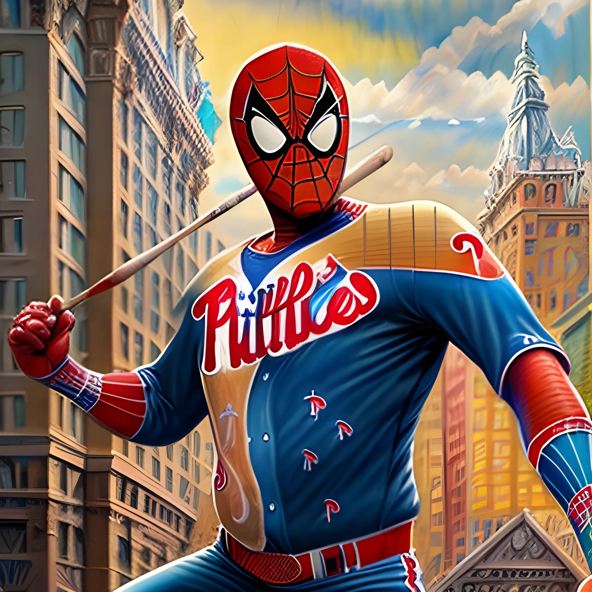 (masterpiece, award winning illustration:1.2), Splash art of Spiderman, wearing a baseball jersey(Philadelphia Phillies:1.3), vibrant, sunrise, extremely detailed, graffiti accents, trending on ArtStation, back lighting, Glow effects, style of Donato Giancola, <lora:add_detail:1>, UHD, HDR, 8K, (Masterpiece:1.5), (best quality:1.5), Pencil Sketch