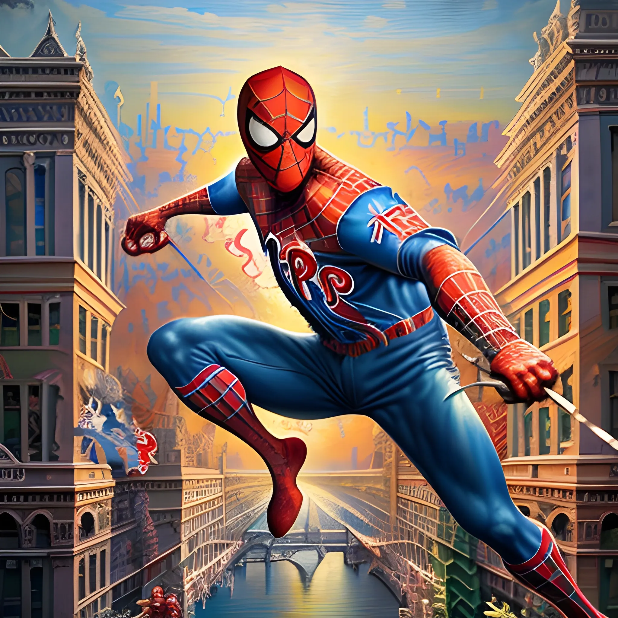 (masterpiece, award winning illustration:1.2), Splash art of Spiderman, wearing a baseball jersey(Philadelphia Phillies:1.3), vibrant, sunrise, extremely detailed, graffiti accents, trending on ArtStation, back lighting, Glow effects, style of Donato Giancola, <lora:add_detail:1>, UHD, HDR, 8K, (Masterpiece:1.5), (best quality:1.5), Water Color