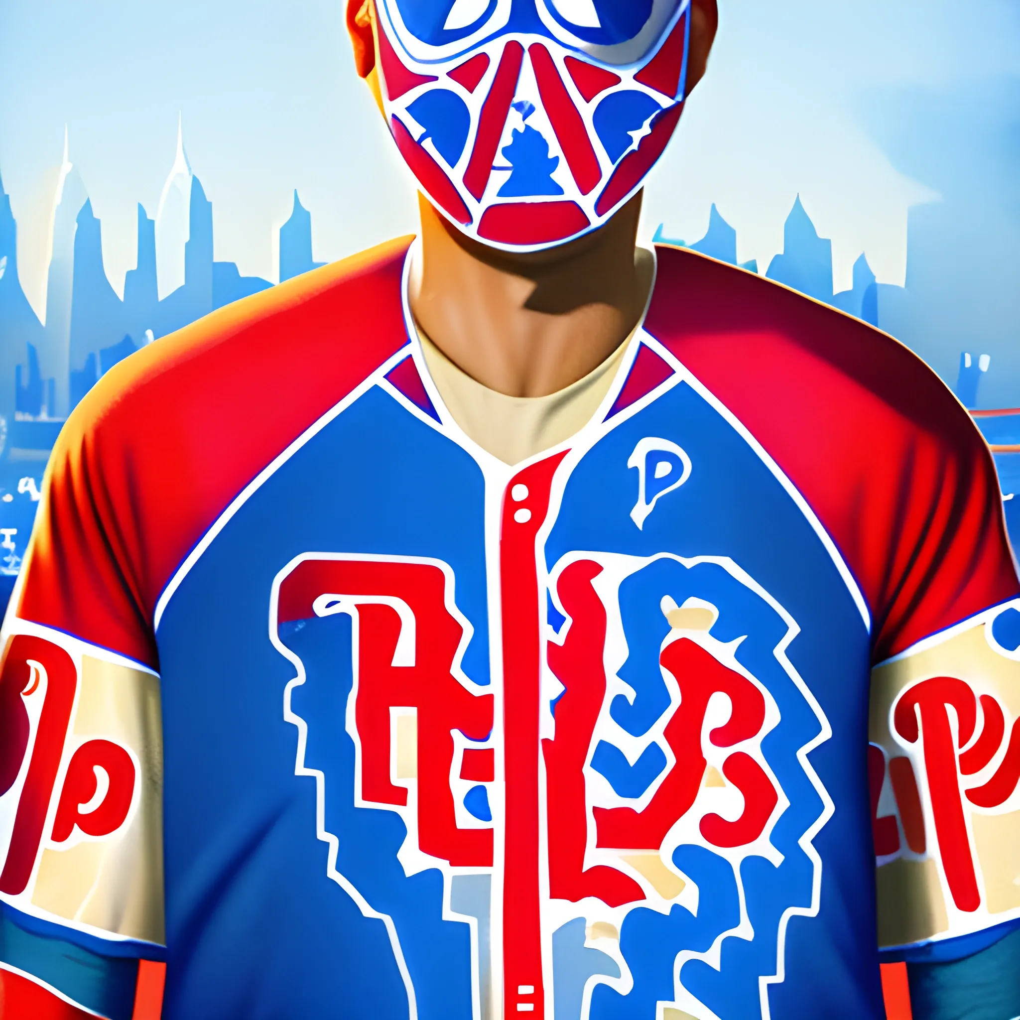 Spiderman, wearing a (Philadelphia phillies jersey:1.5) over his costume, full mask, vibrant, sunrise, extremely detailed, graffiti accents, trending on ArtStation, Water Color