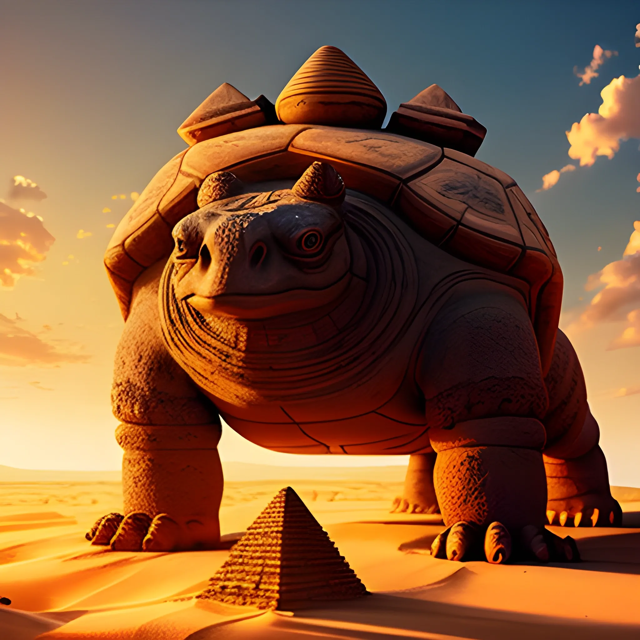 humongous ancient monster turtle made of sand and rock with egyptian pyramid on its back and glowing red eyes and stones pointing out from its body behemoth 4k masterpiece hype realistic  