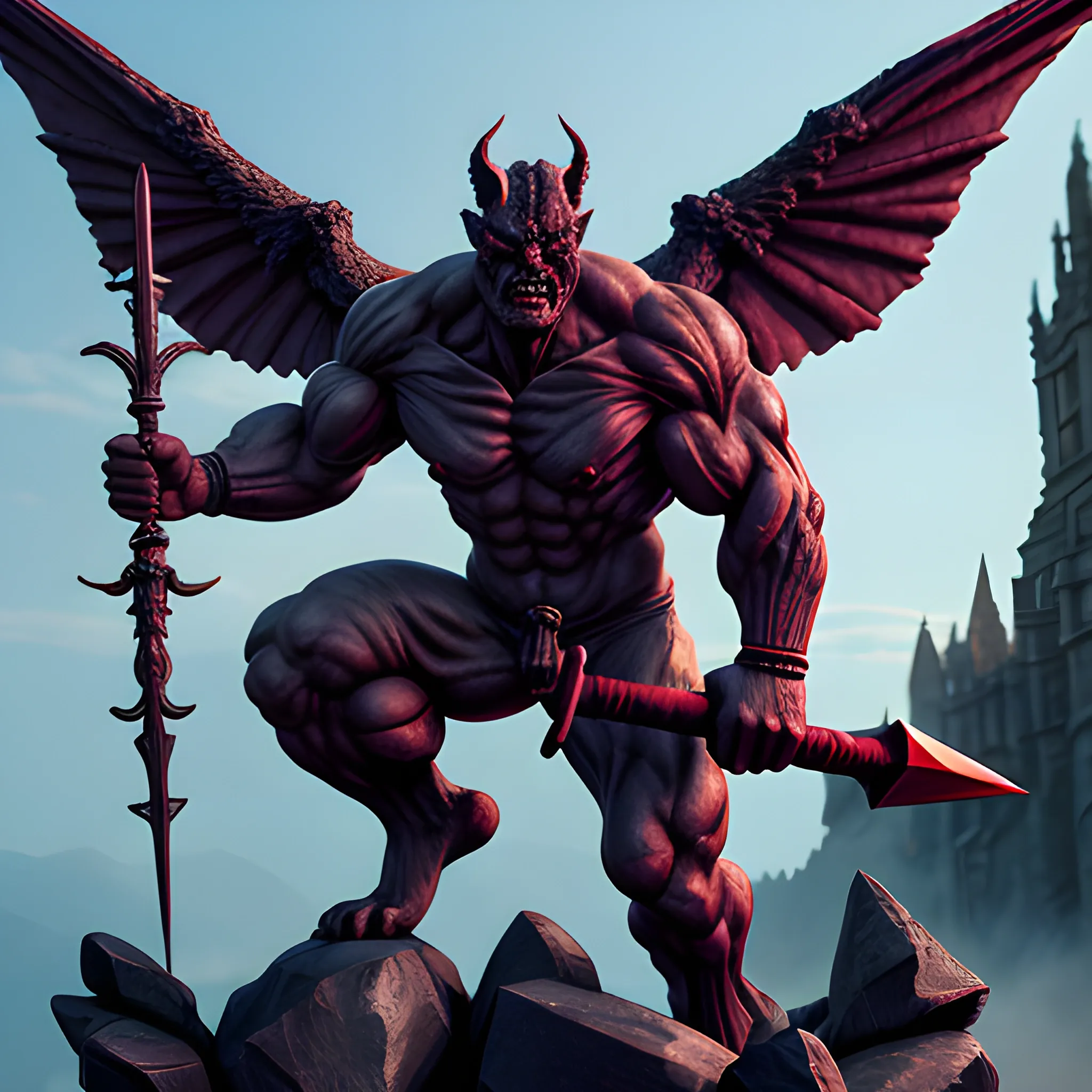 gog, a gargoyle mixed with human creature with bulging muscles and red glowing eyes with a curved greatsword made of stone and its twin magog another creature which is more slender with wings and a giant bow and arrow made of stone standing beside it ultra realistic 4k ultra resolution masterpiece detailed two characters