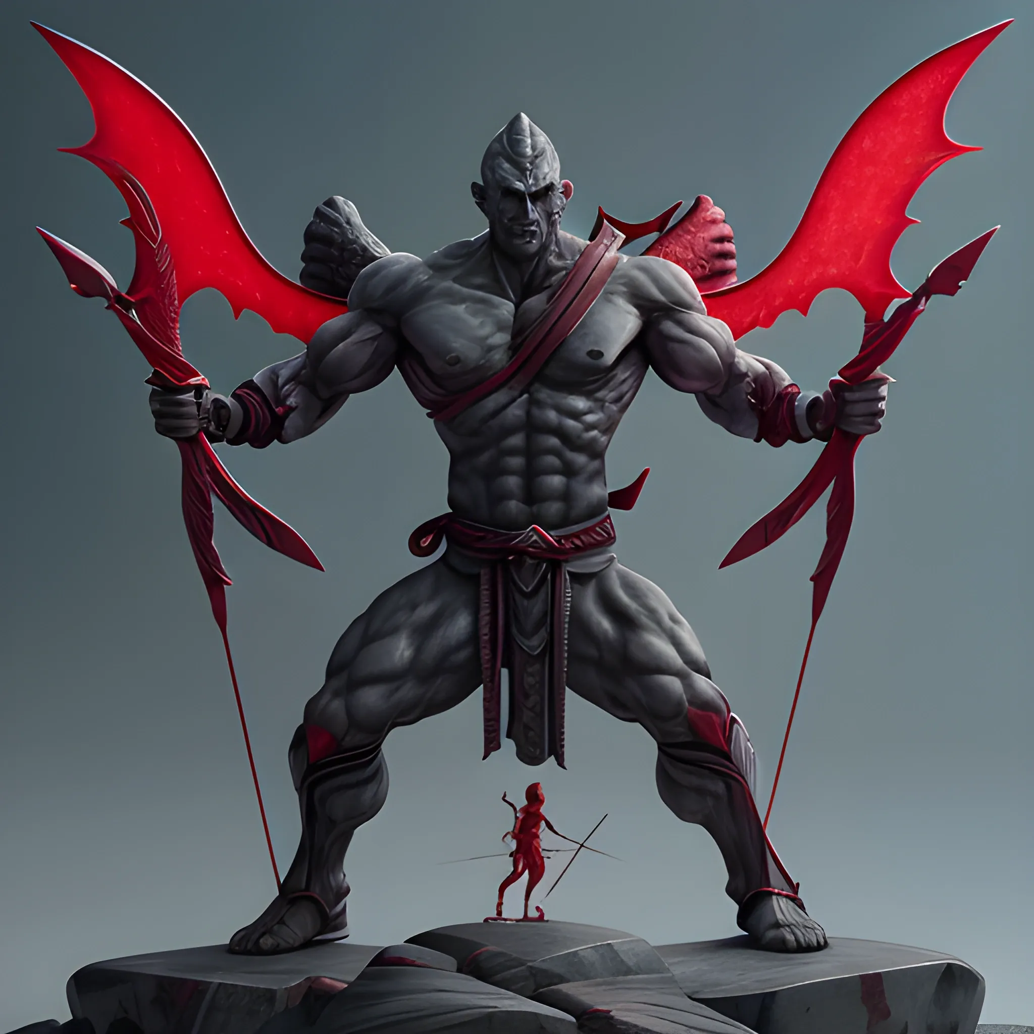 gog a grey human-like creature with bulging muscles and red glowing eyes with a curved greatsword made of stone and its twin magog another creature which is more slender with wings and a giant bow and arrow made of stone standing beside it ultra realistic 4k ultra resolution masterpiece detailed two characters