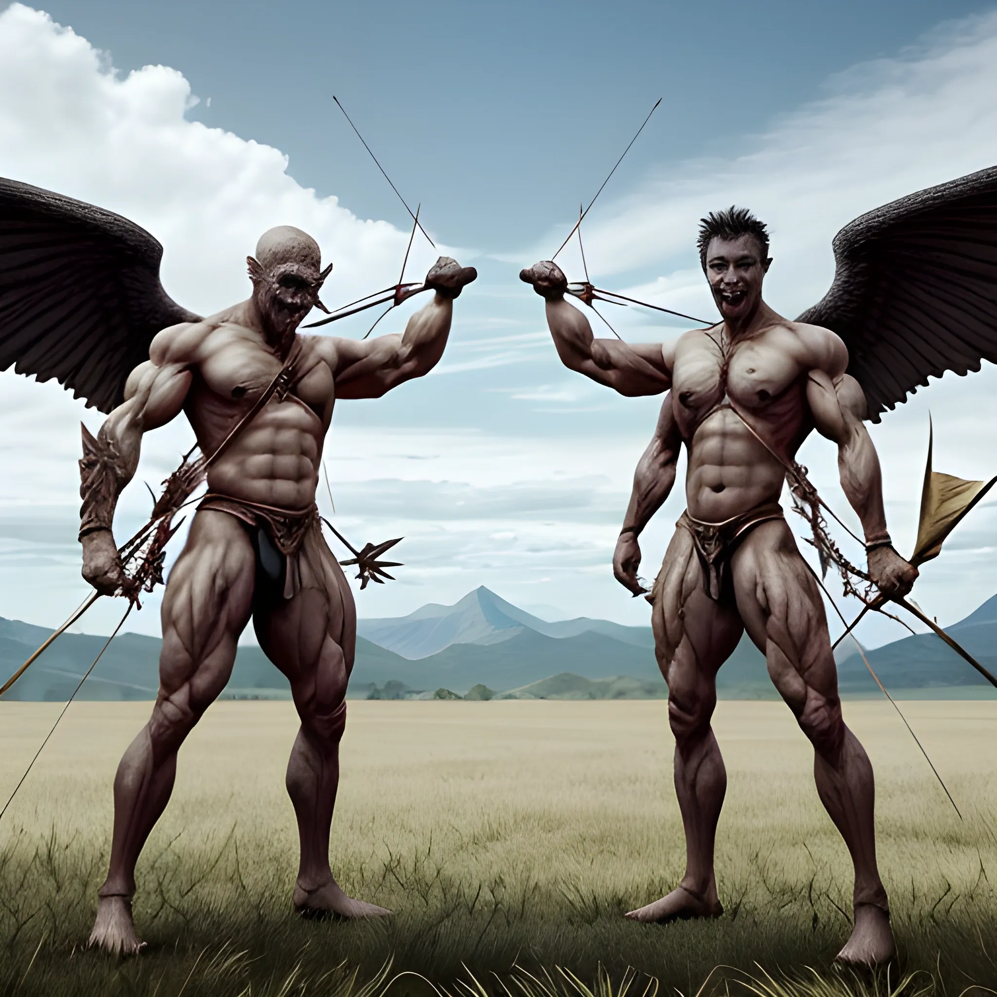 two twins: on the left a monstrous grotesque human-like creature with bulging muscles and a sword. On the right a slim human-like creature with wings and a bow and arrow  ultra realistic 4k ultra resolution masterpiece detailed two characters