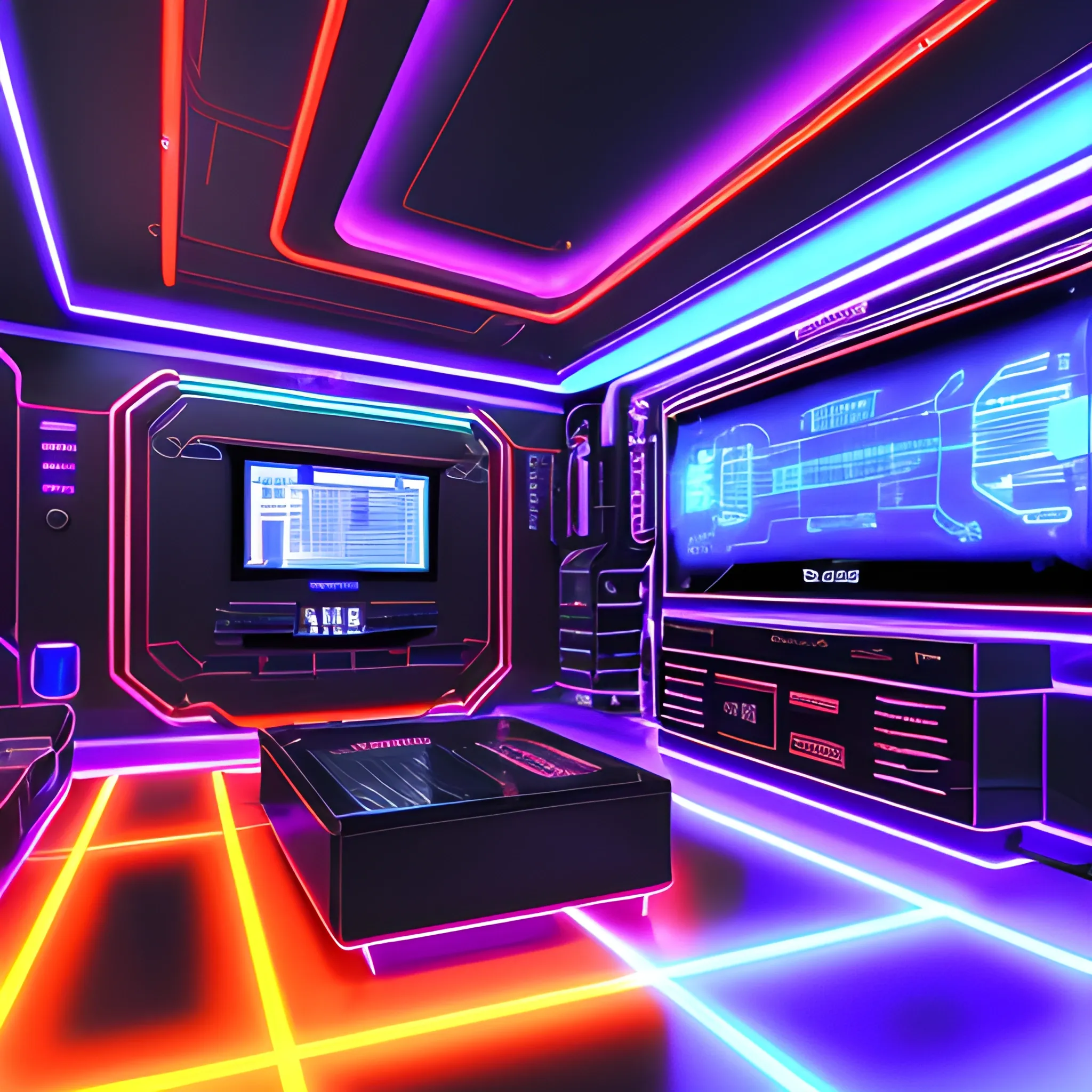 Cyberpunk style, a living room,  Futuristic,Technological,High-tech texture,(orange light),(neon lights),(blue purple neon),Lines and geometric patterns,dim light,High-gloss black flooring,Laser lighting,Illuminated tubes,Metal materials,Sleek and tech-inspired furniture,Streamlined metal,decorations,Cyberpunk-themed ornaments,Futuristic cityscape paintings,Technological elements,Touchscreen display,Touch-sensitive control panel,(best quality),(masterpiece), (8k ), super detailed,