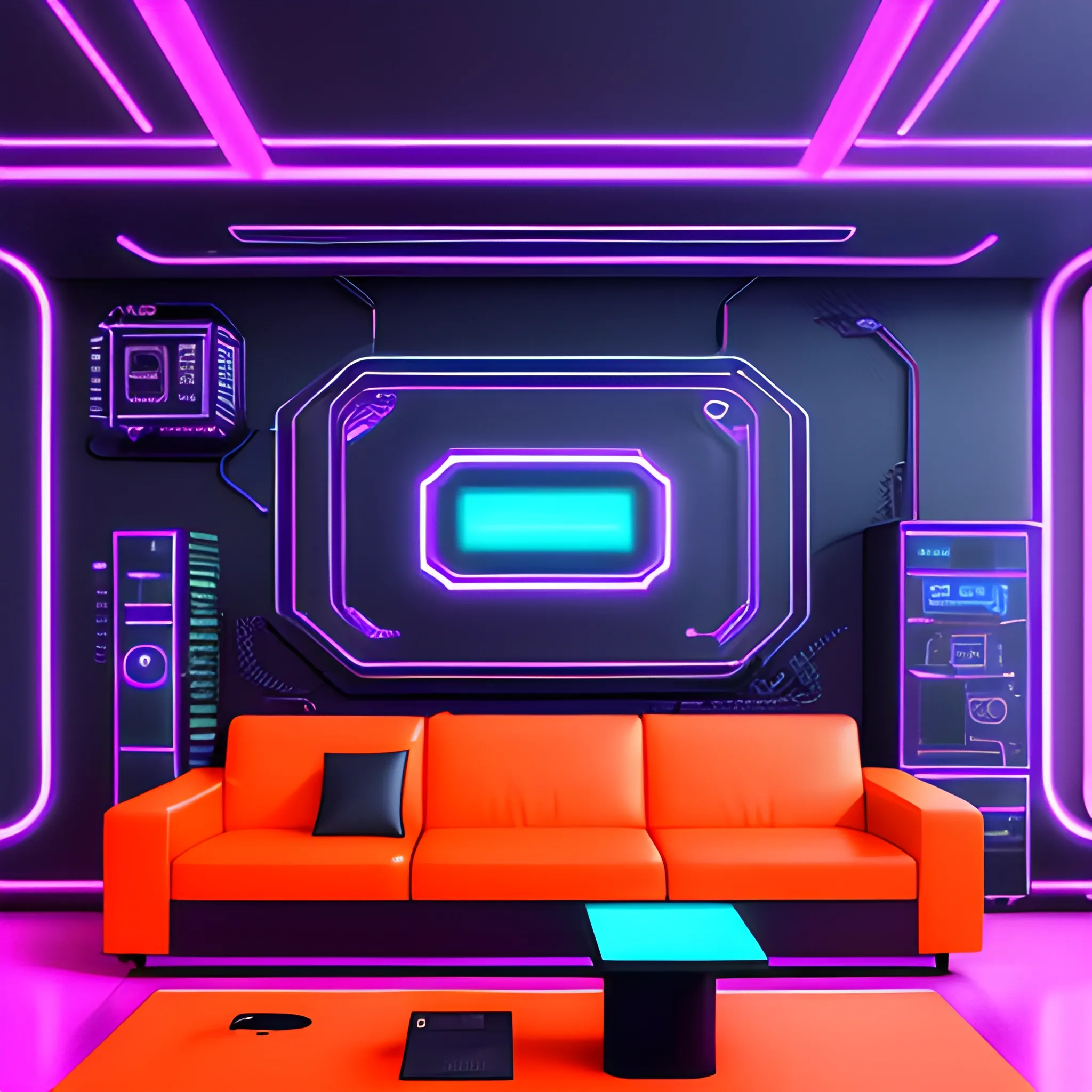 Cyberpunk style, a living room,  Futuristic,Technological,High-tech texture,(orange light),(neon lights),(blue purple neon),Lines and geometric patterns,dim light,High-gloss black flooring,Laser lighting,Illuminated tubes,Metal materials,Sleek and tech-inspired furniture,Streamlined metal,decorations,Cyberpunk-themed ornaments,Futuristic cityscape paintings,Technological elements,Touchscreen display,Touch-sensitive control panel,(best quality),(masterpiece), (8k ), super detailed,

