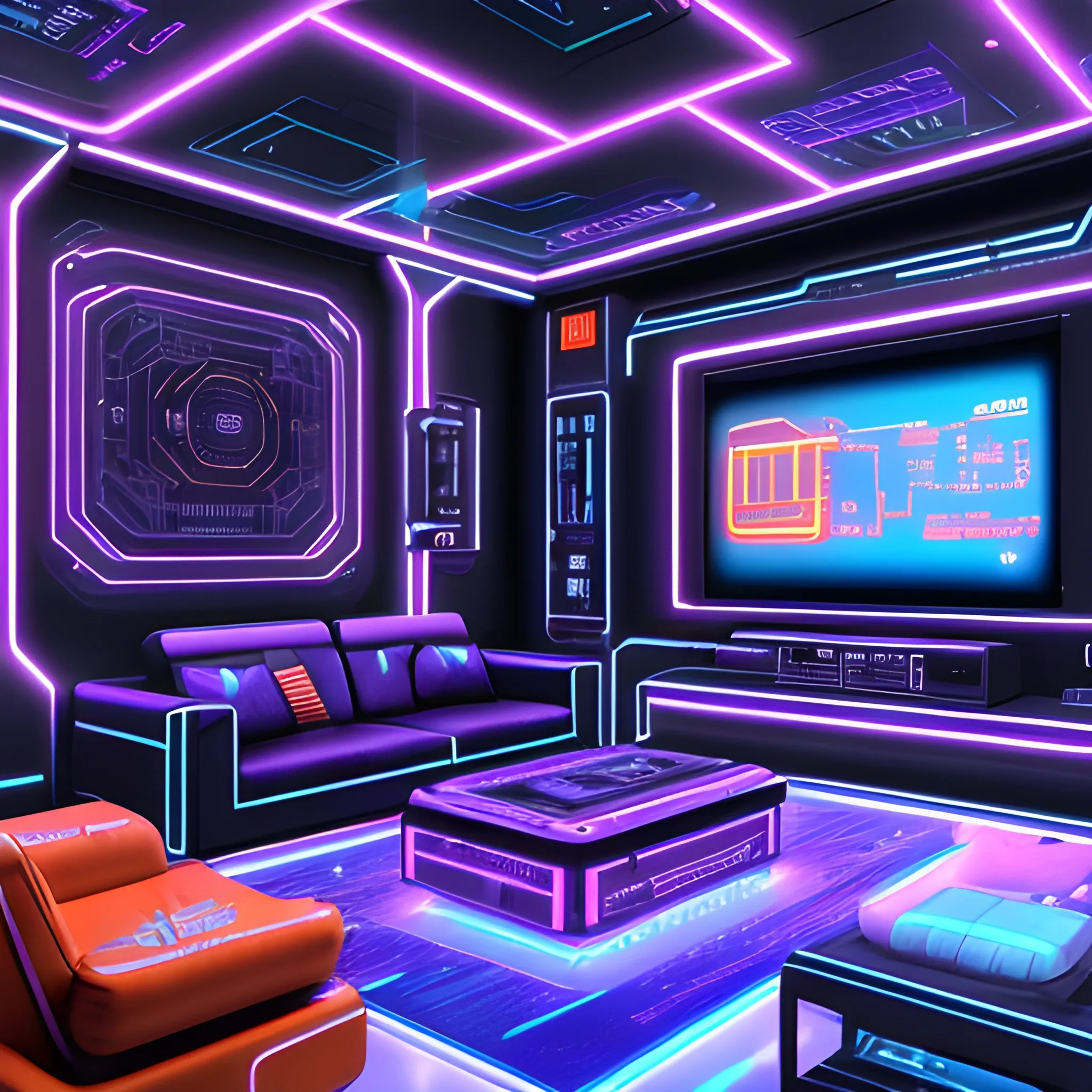 Cyberpunk style, a living room,  Futuristic,Technological,High-tech texture,(orange light),(neon lights),(blue purple neon),Lines and geometric patterns,dim light,High-gloss black flooring,Laser lighting,Illuminated tubes,Metal materials,Sleek and tech-inspired furniture,Streamlined metal,decorations,Cyberpunk-themed ornaments,Futuristic cityscape paintings,Technological elements,Touchscreen display,Touch-sensitive control panel,(best quality),(masterpiece), (8k ), super detailed,

