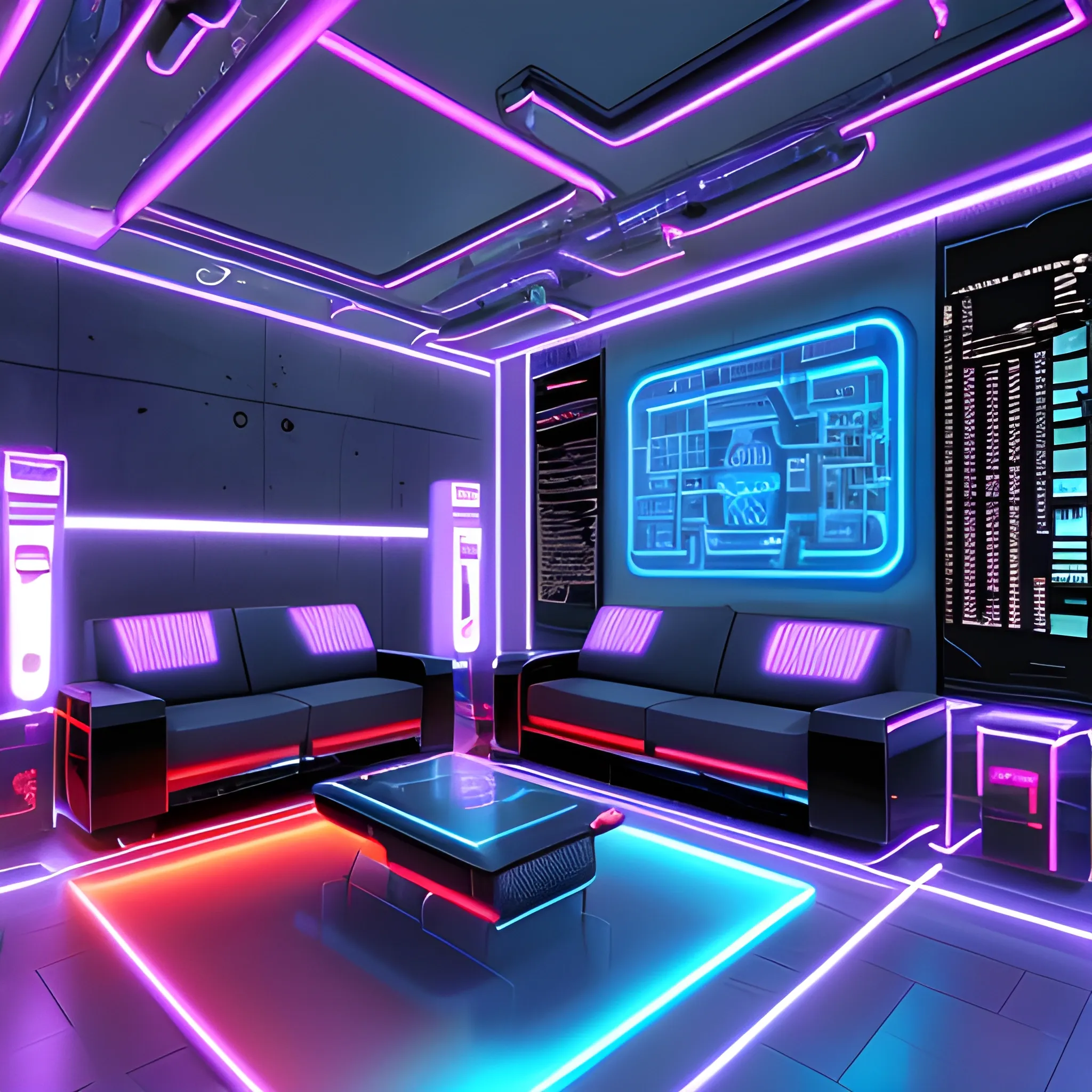 Cyberpunk style, a living room,  Futuristic,Technological,High-tech texture,(orange light),(neon lights),(blue purple neon),Lines and geometric patterns,dim light,High-gloss black flooring,Laser lighting,Illuminated tubes,Metal materials,Sleek and tech-inspired furniture,Streamlined metal,decorations,Cyberpunk-themed ornaments,Futuristic cityscape paintings,Technological elements,Touchscreen display,Touch-sensitive control panel,(best quality),(masterpiece), (8k ), super detailed,

