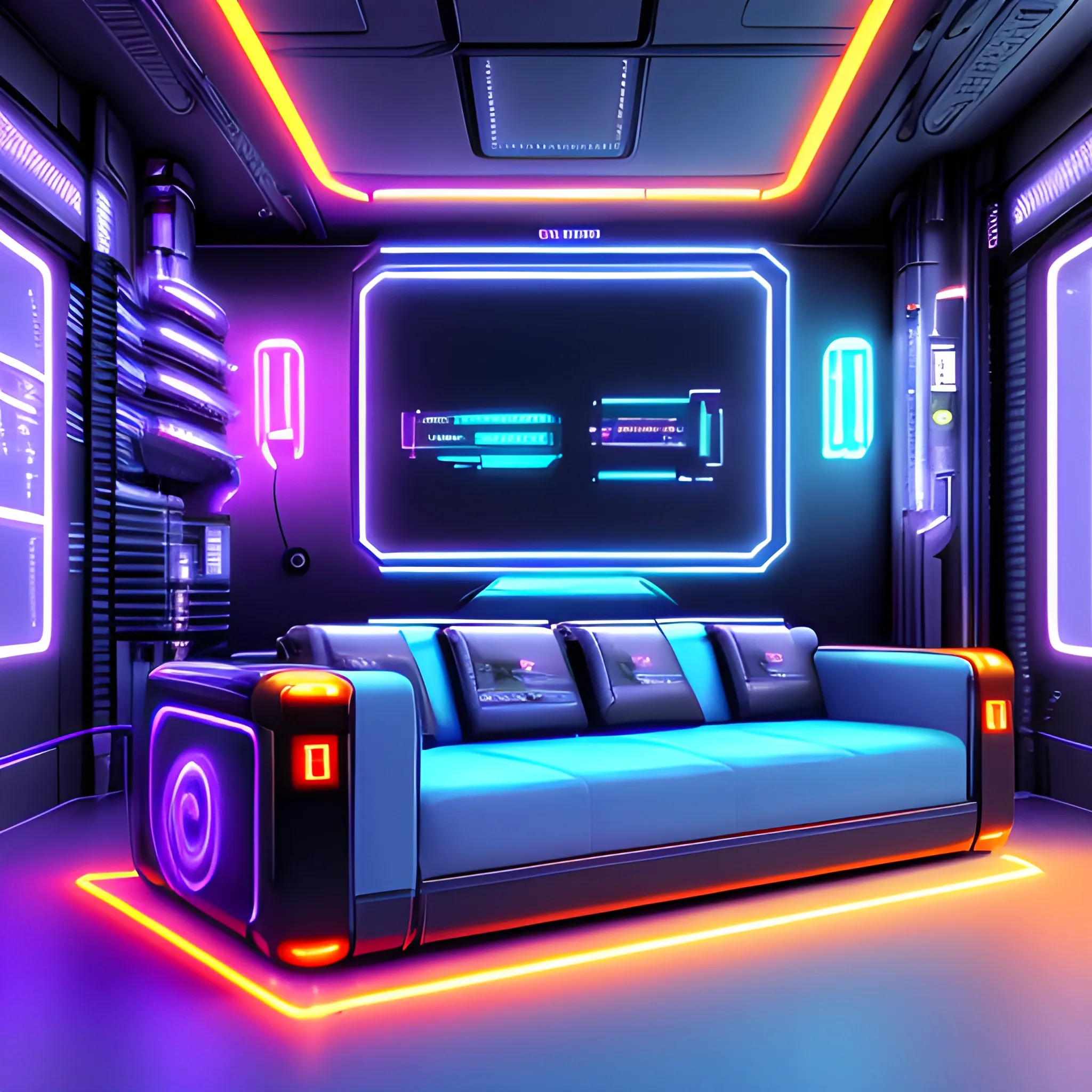 Cyberpunk style, a living room,  Futuristic,Technological,High-tech texture,(orange light),(neon lights),(blue purple neon),Lines and geometric patterns,dim light,High-gloss black flooring,Laser lighting,Illuminated tubes,Metal materials,Sleek and tech-inspired furniture,Streamlined metal,decorations,Cyberpunk-themed ornaments,Futuristic cityscape paintings,Technological elements,Touchscreen display,Touch-sensitive control panel,(best quality),(masterpiece), (8k ), super detailed,

