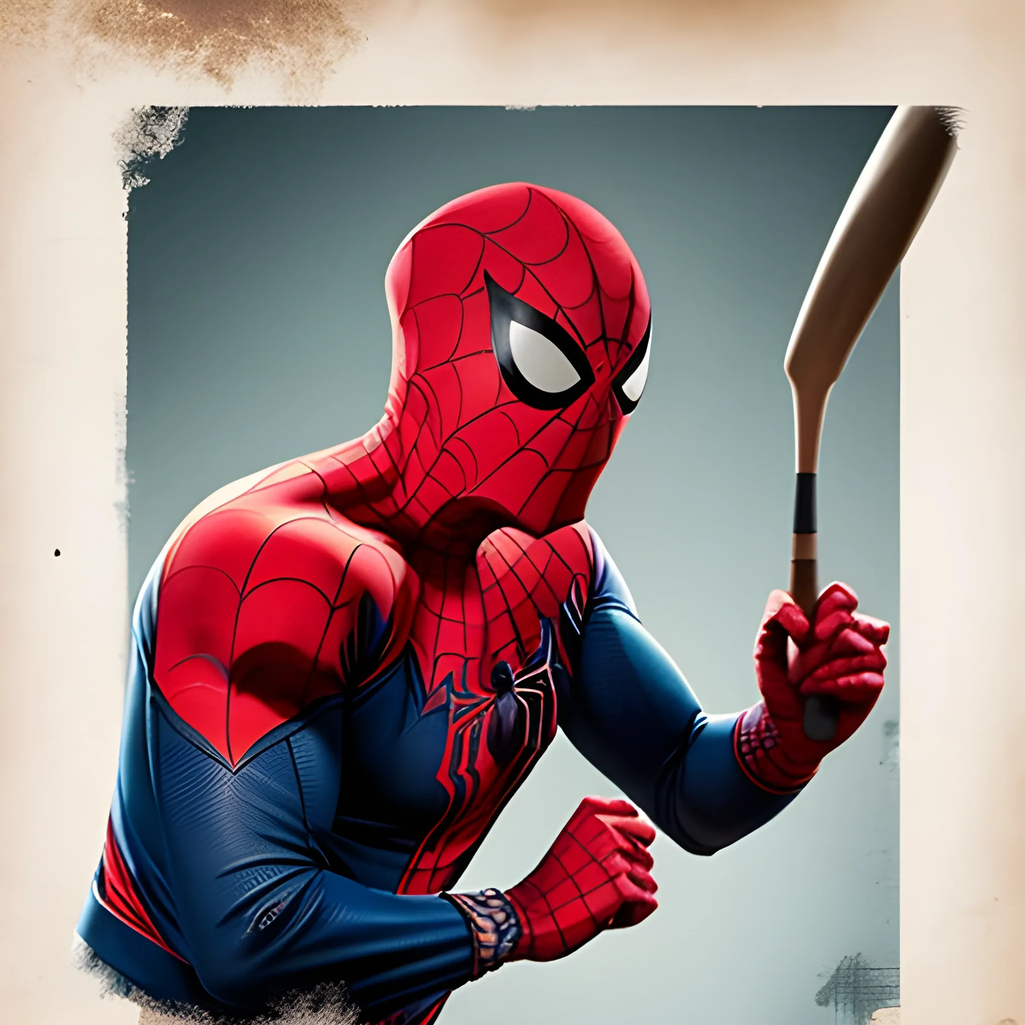 An old-time photo-style portrait capturing Spider-Man in his iconic full costume, including his mask, playing baseball. The portrait should showcase Spider-Man wearing a vintage baseball jersey over his costume. The image should be predominantly black and white, reminiscent of old photographs, with dark red highlights to add a touch of drama. Spider-Man should be depicted at bat, mid-swing, as he hits a baseball that has been pitched towards him. The focus should be on Spider-Man's seamless integration of the baseball jersey with his superhero costume, emphasizing that he is wearing his entire costume, including his mask, beneath the jersey. The overall composition should evoke nostalgia, combining the timeless charm of an old photograph with the excitement of Spider-Man's baseball prowess