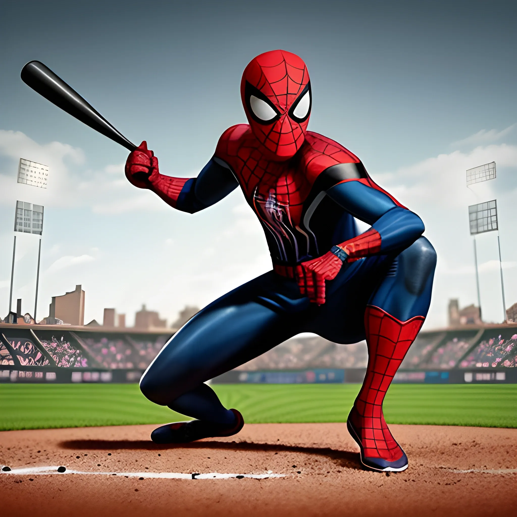 An old-time photo-style portrait capturing Spider-Man in his iconic full costume, including his mask, playing baseball. The portrait should showcase Spider-Man wearing a vintage baseball jersey over his costume. The image should be predominantly black and white, reminiscent of old photographs, with dark red highlights to add a touch of drama. Spider-Man should be depicted at bat, mid-swing, as he hits a baseball that has been pitched towards him. The focus should be on Spider-Man's seamless integration of the baseball jersey with his superhero costume, emphasizing that he is wearing his entire costume, including his mask, beneath the jersey. The overall composition should evoke nostalgia, combining the timeless charm of an old photograph with the excitement of Spider-Man's baseball prowess