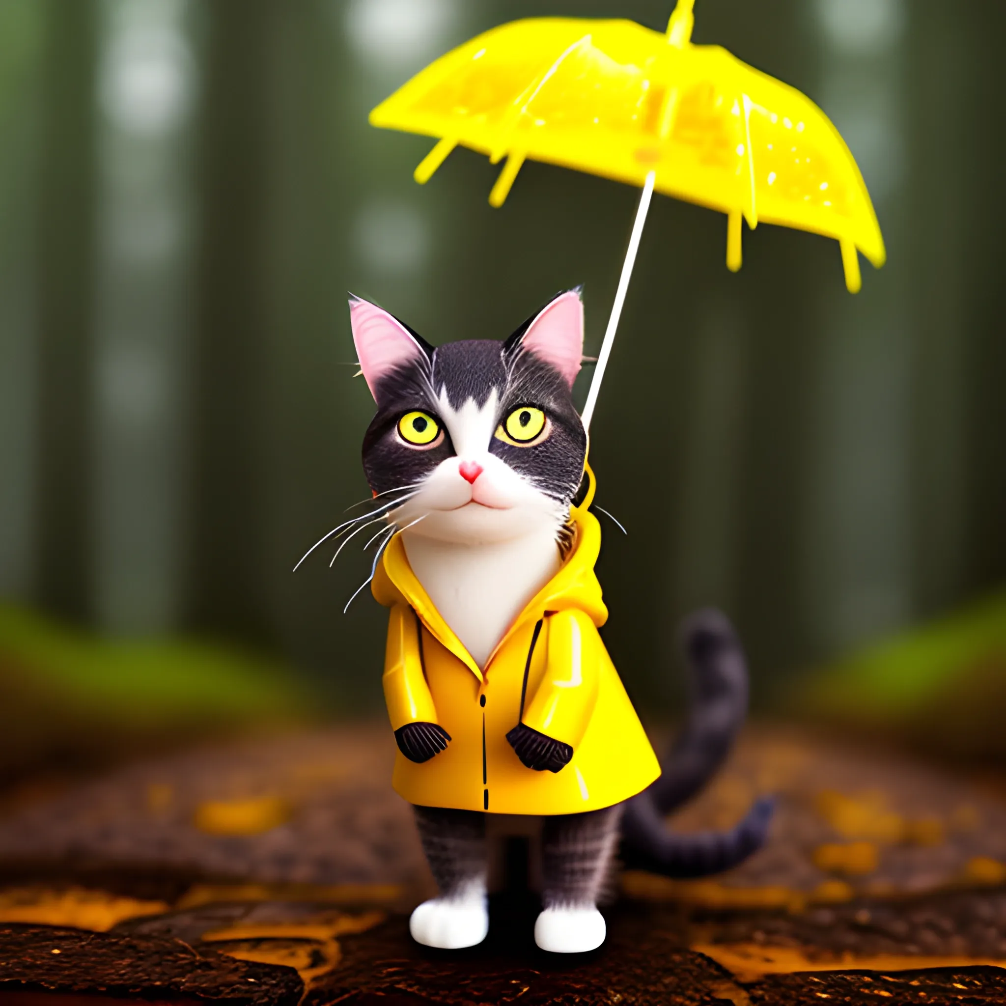 tiny cute (happy1. 4) cat in a (yellow raincoat1. 3) in the woods, rain, a character portrait, Tilt-shift, bokeh, Cartoon,white background