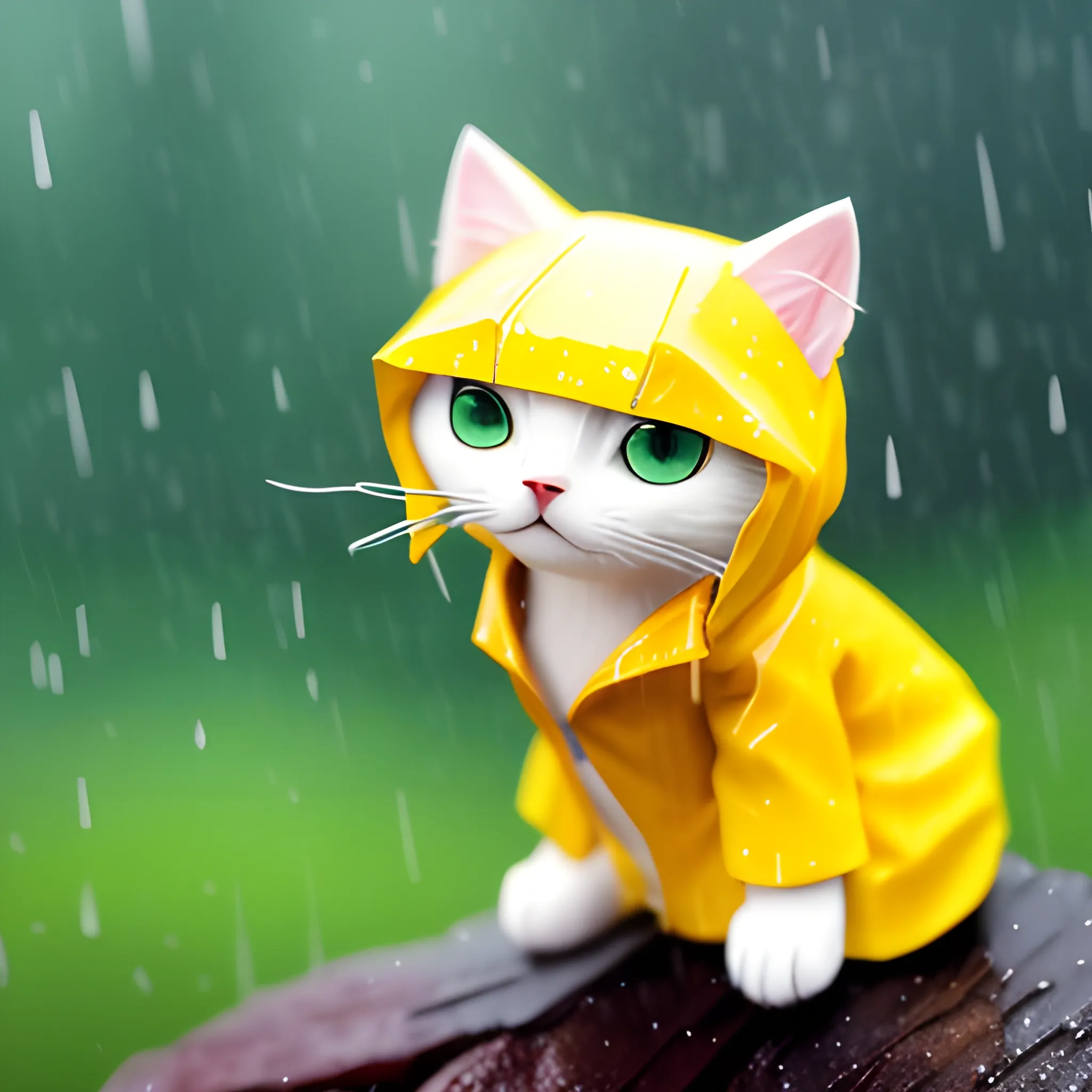 white background,tiny cute (happy1. 4) cat in a (yellow raincoat1. 3) in the woods, rain, a character portrait, Tilt-shift, bokeh, Cartoon, Water Color