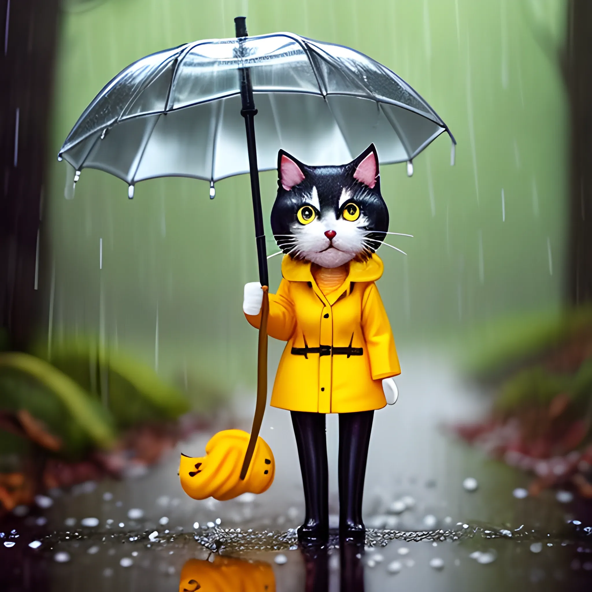 white background,tiny cute (happy1. 4) cat in a (yellow raincoat1. 3) in the woods, rain, a character portrait, Tilt-shift, bokeh, Cartoon, Water Color