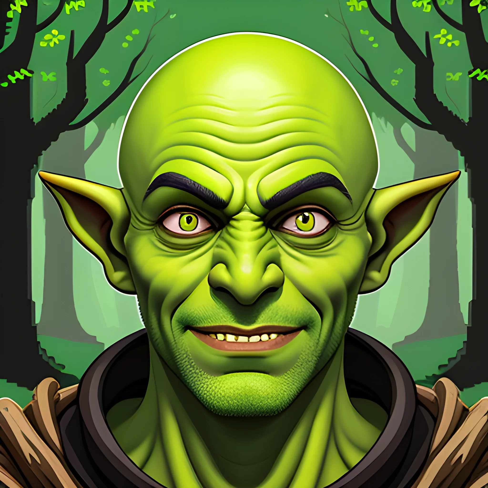 Portrait of a small male green-skinned goblin druid with a friendly face and bald head in a forest setting, feeling Disgust, pixel art style, white background, no background