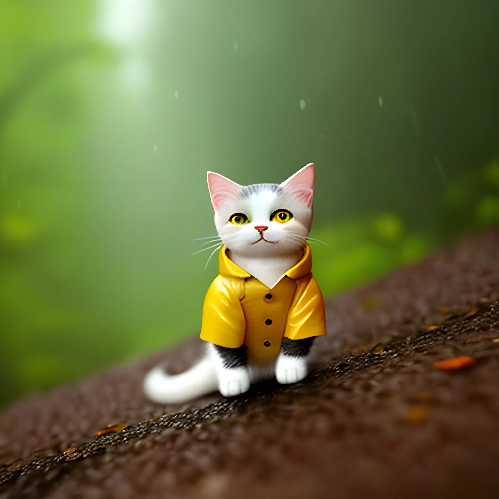 white background,tiny cute (happy1. 4) cat in a (yellow raincoat1. 3) in the woods, a character portrait, Tilt-shift, bokeh, Cartoon, Water Color,cute cat,